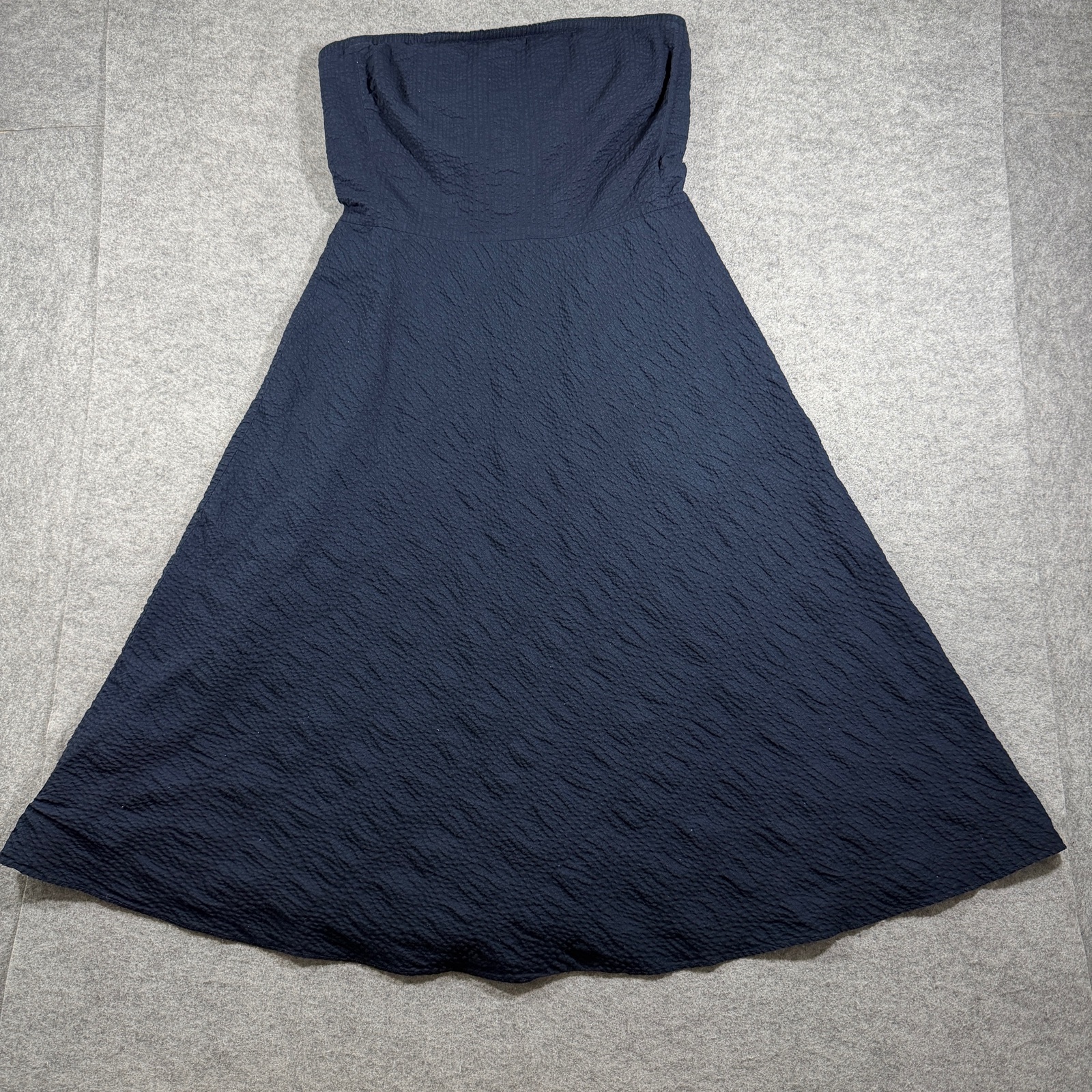 J.Crew Strapless Dress Womens 8 Navy Cotton Seersucker Sweetheart Midi Flare