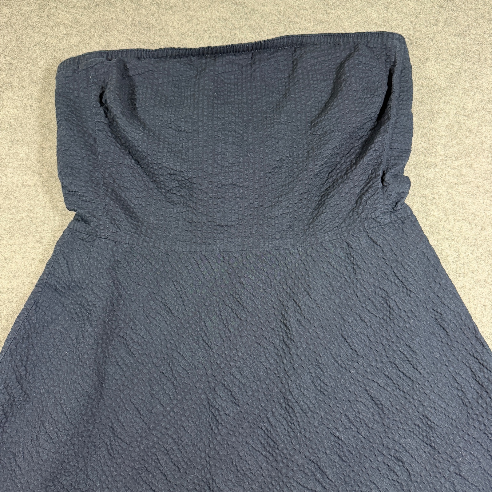J.Crew Strapless Dress Womens 8 Navy Cotton Seersucker Sweetheart Midi Flare thumbnail 4