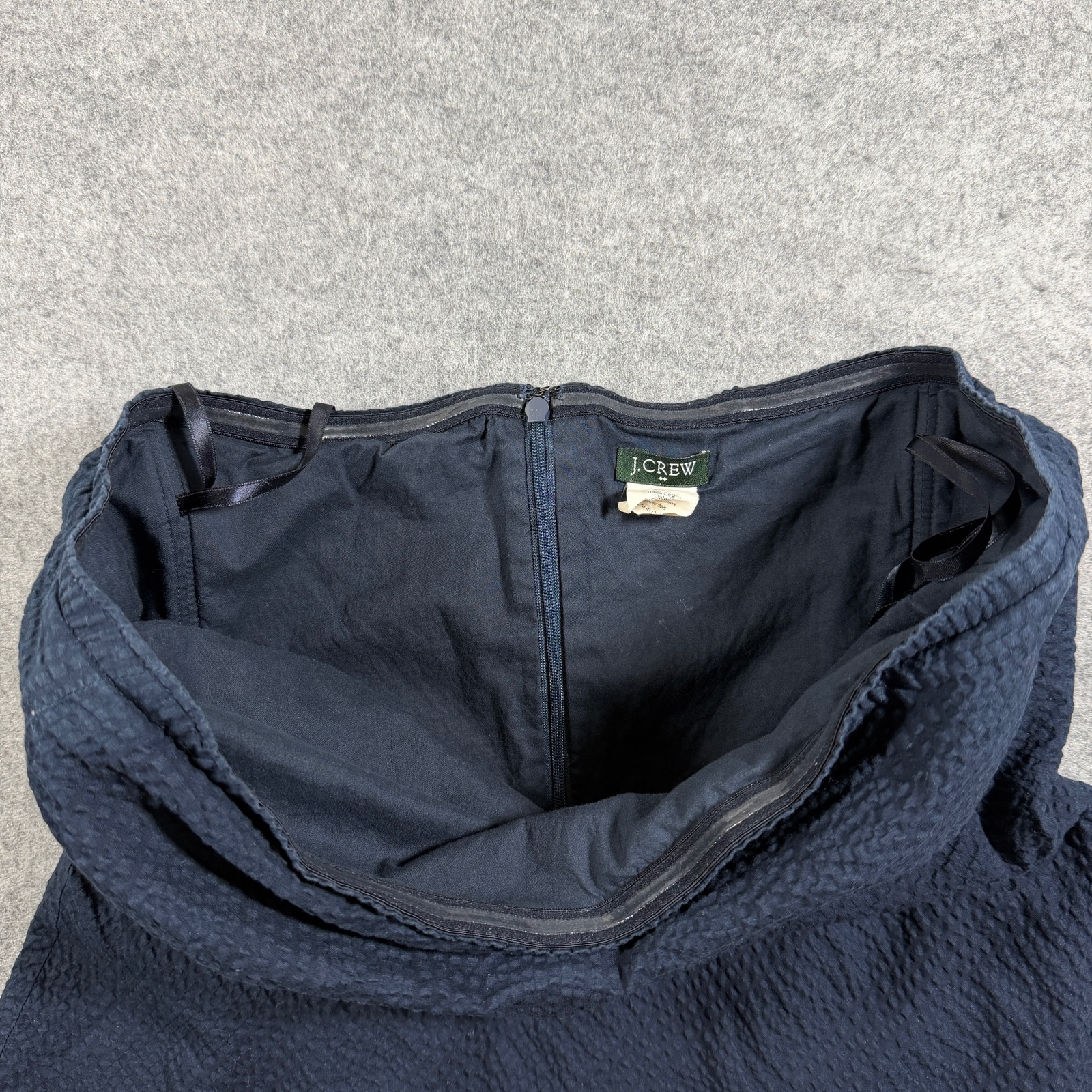 J.Crew Strapless Dress Womens 8 Navy Cotton Seersucker Sweetheart Midi Flare thumbnail 5