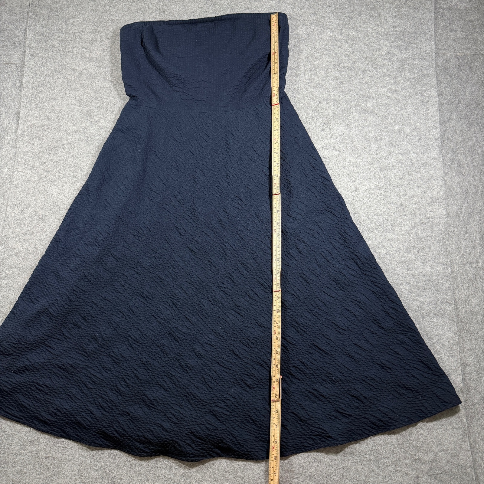 J.Crew Strapless Dress Womens 8 Navy Cotton Seersucker Sweetheart Midi Flare thumbnail 7