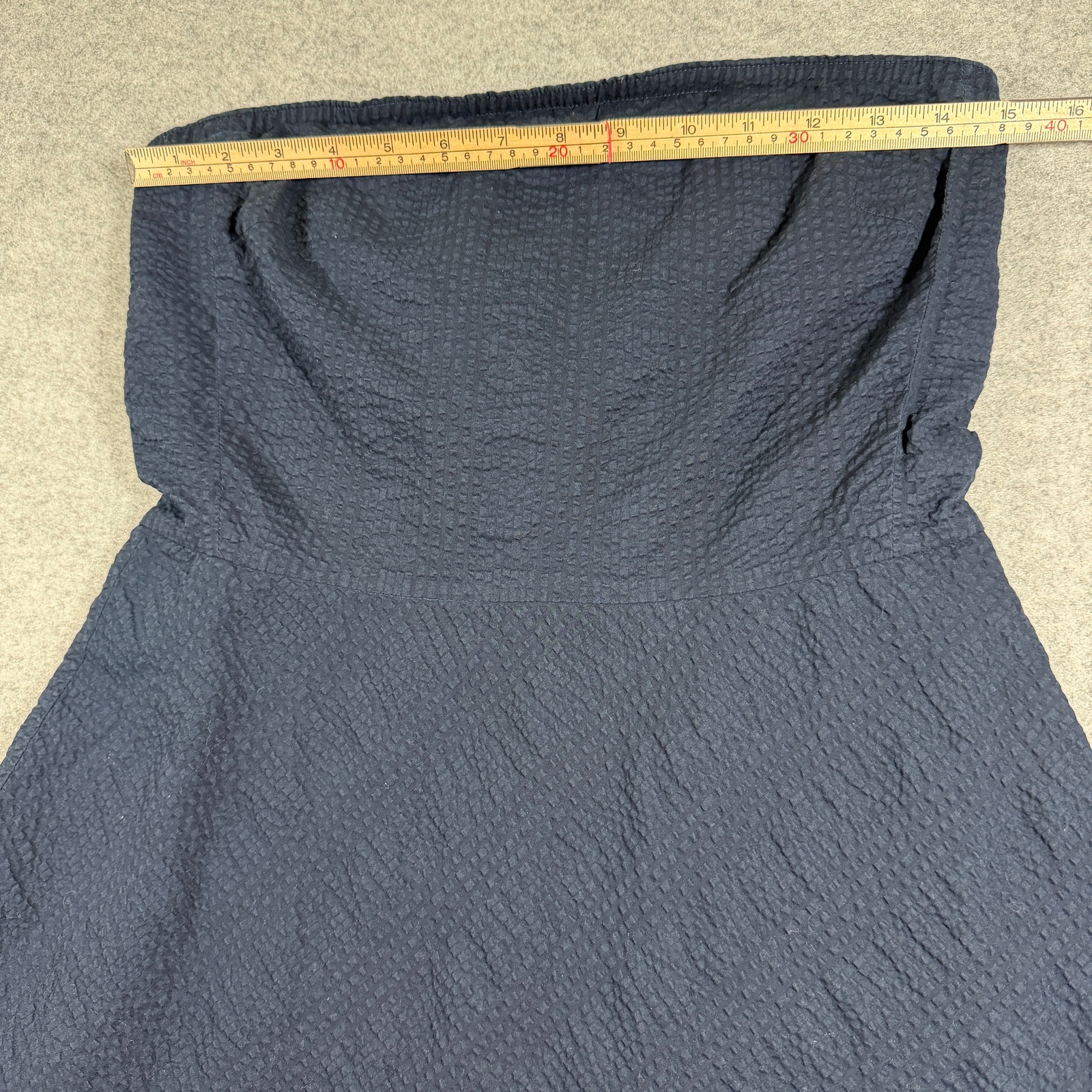 J.Crew Strapless Dress Womens 8 Navy Cotton Seersucker Sweetheart Midi Flare thumbnail 8