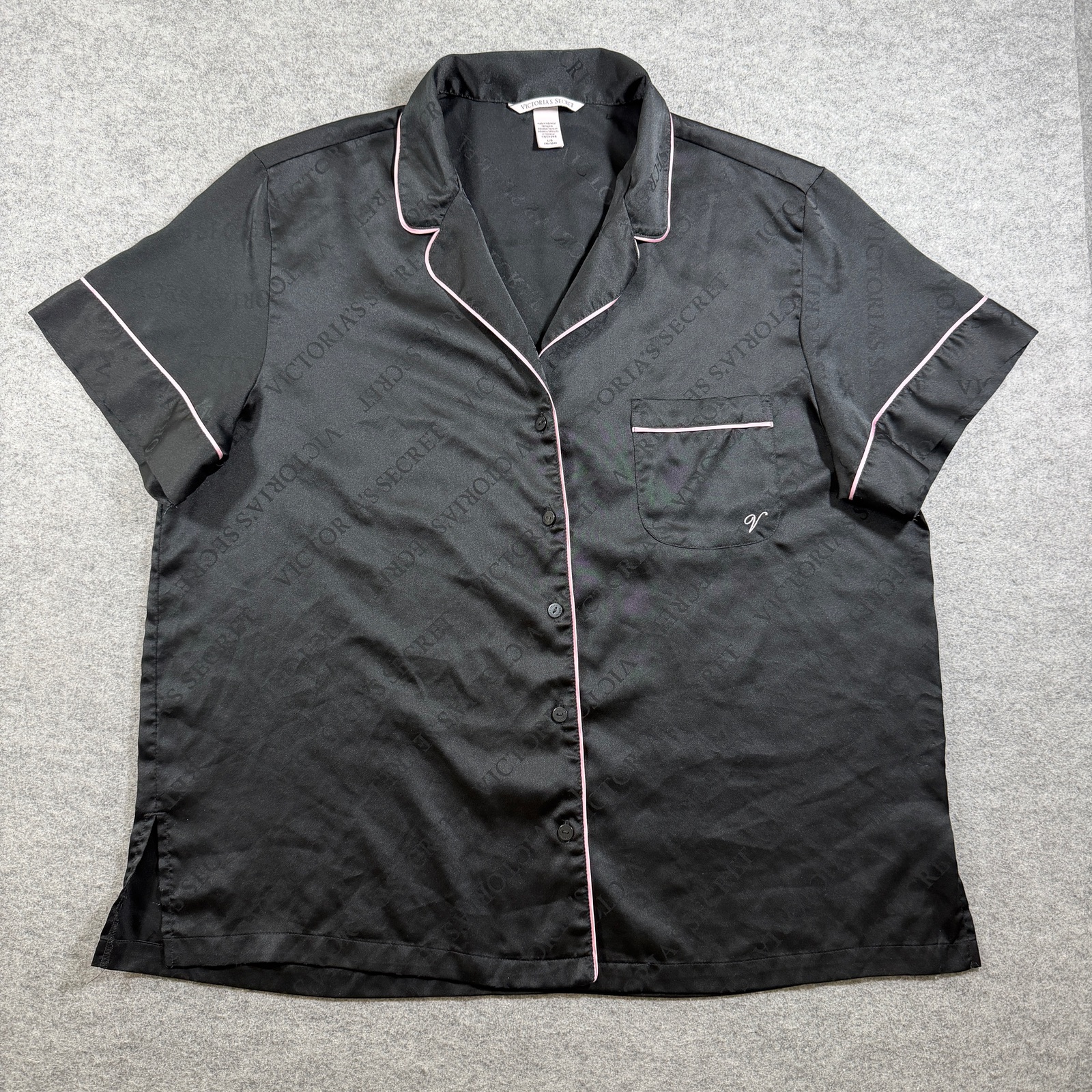 Victorias Secret Satin Pajama Top Womens L Black Logo Button Up Sleep Shirt Soft