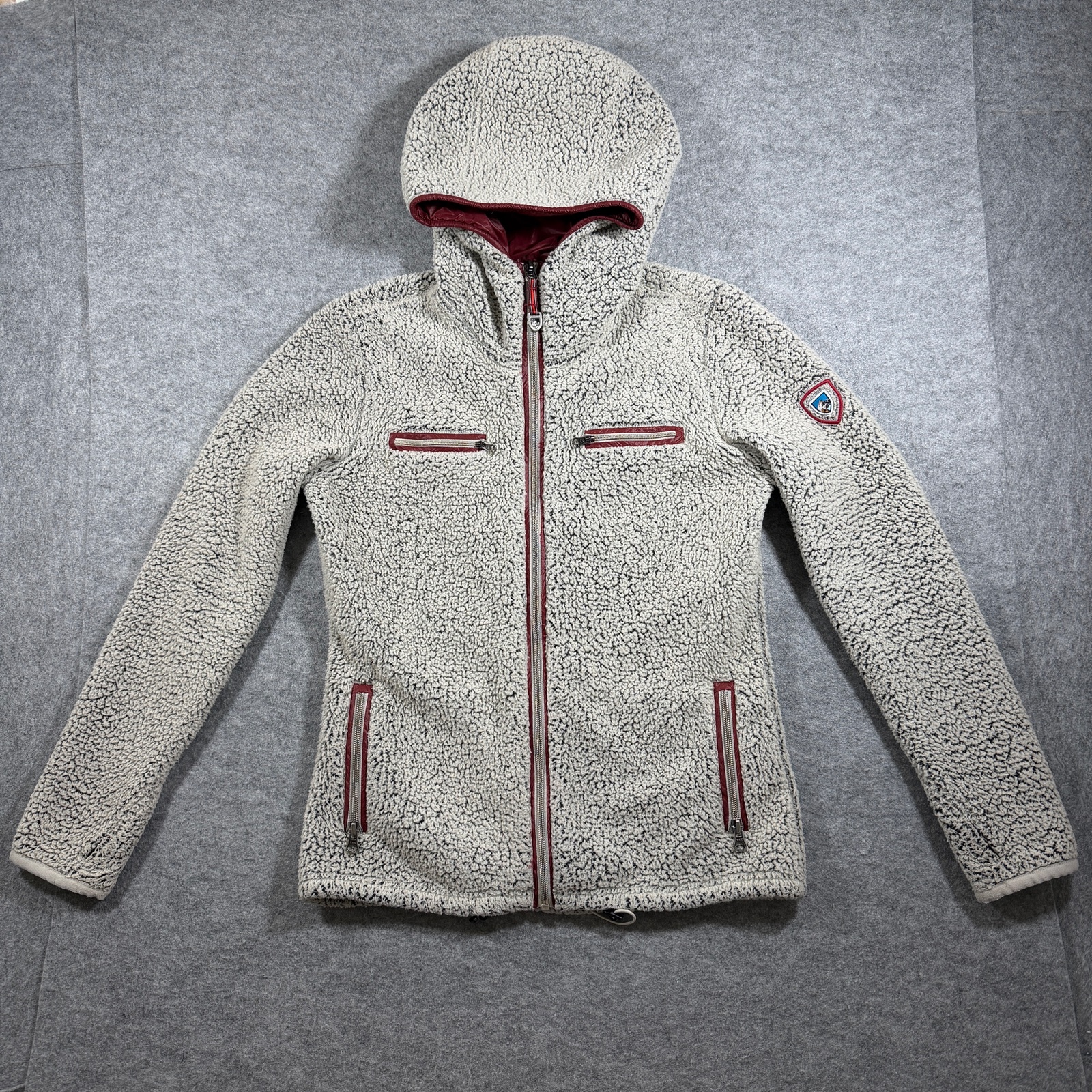 Kuhl Sherpa Fleece Jacket Womens S Cream Hooded Full Zip Thumbholes Zip Pockets