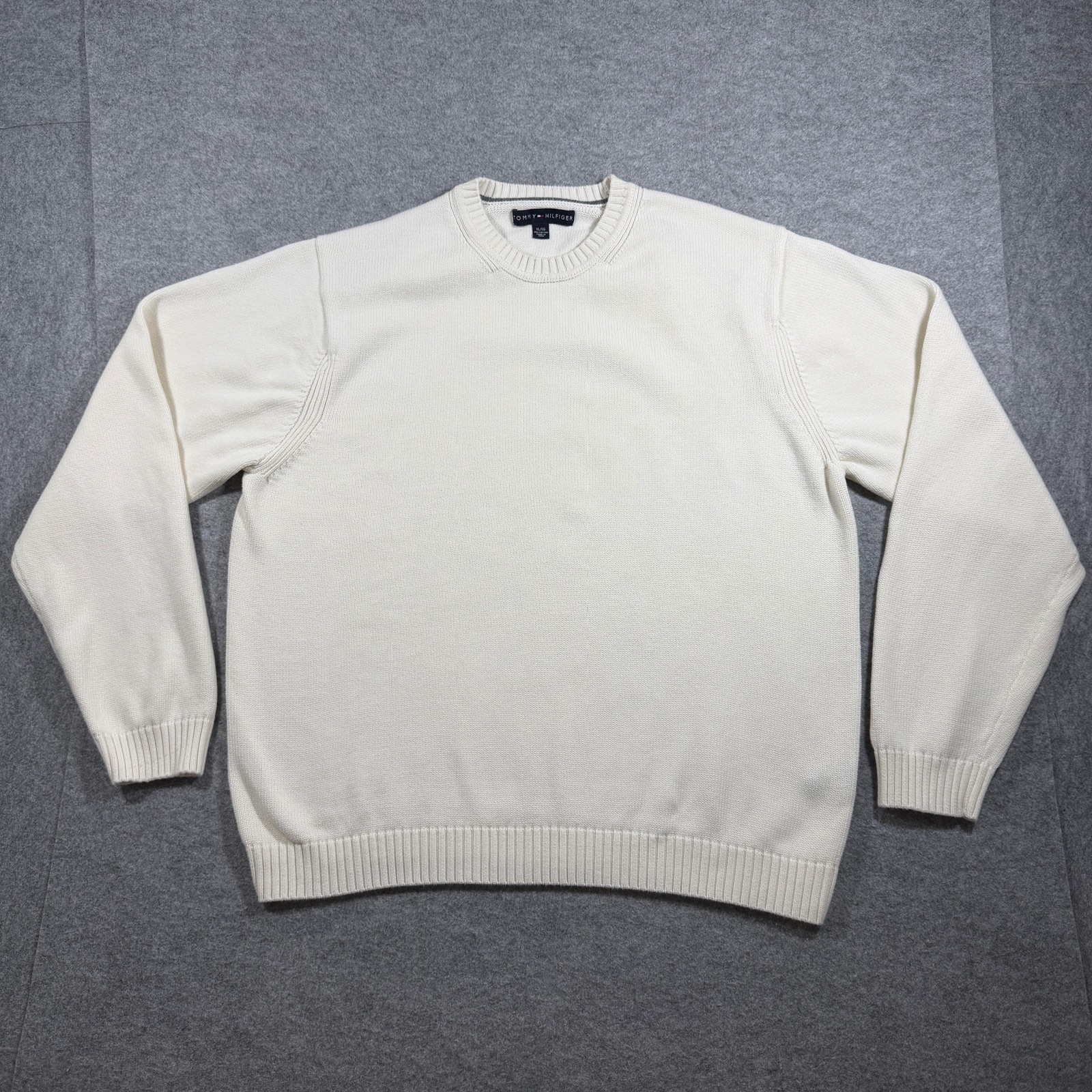 Tommy Hilfiger Heavyweight Knit Sweater Mens XL Cream Crewneck Flag Logo Preppy