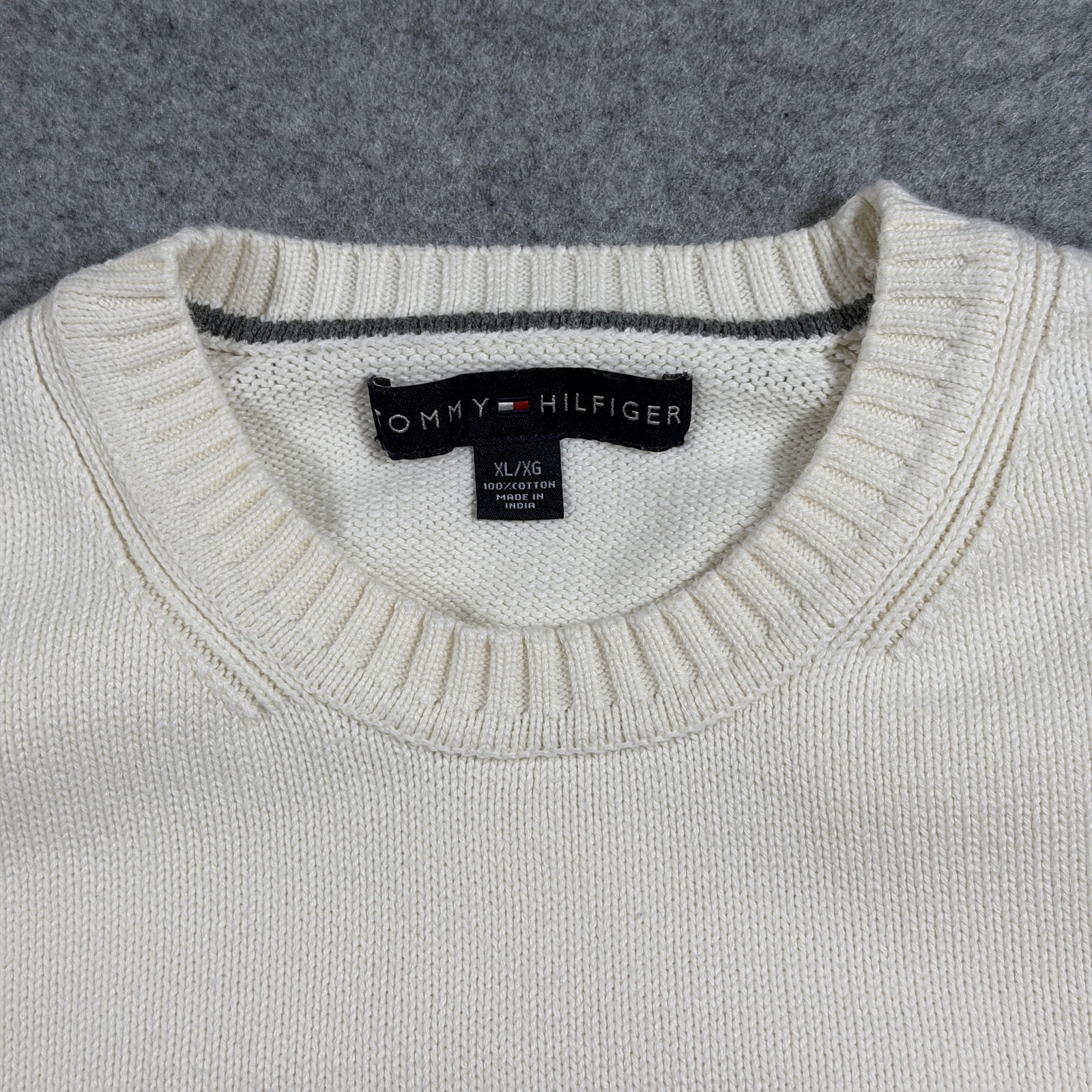 Tommy Hilfiger Heavyweight Knit Sweater Mens XL Cream Crewneck Flag Logo Preppy thumbnail 5