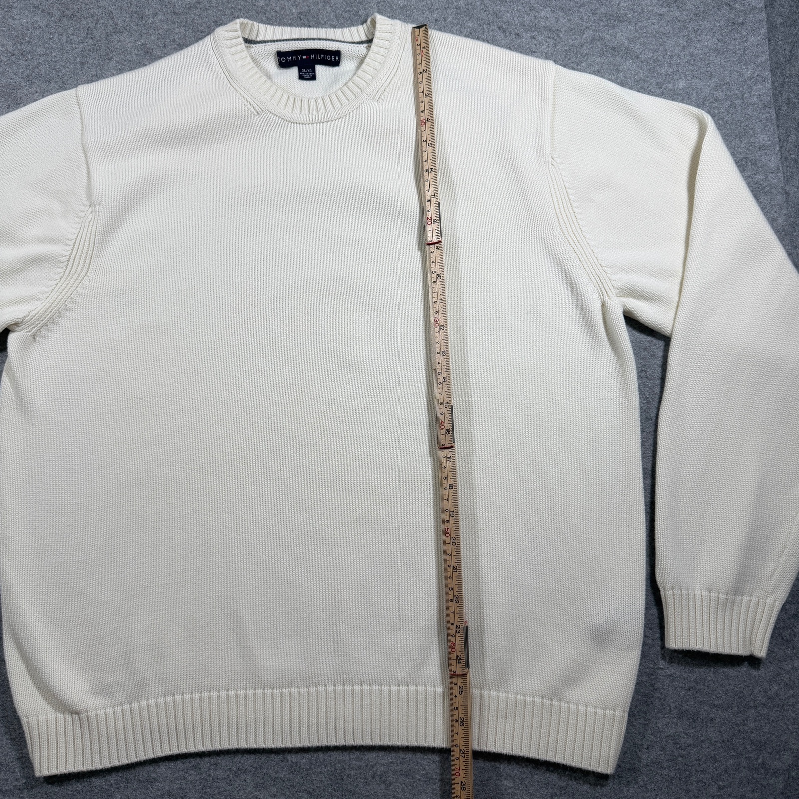 Tommy Hilfiger Heavyweight Knit Sweater Mens XL Cream Crewneck Flag Logo Preppy thumbnail 6