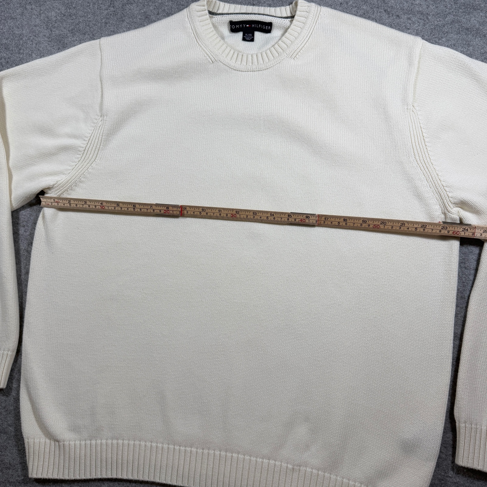 Tommy Hilfiger Heavyweight Knit Sweater Mens XL Cream Crewneck Flag Logo Preppy thumbnail 7