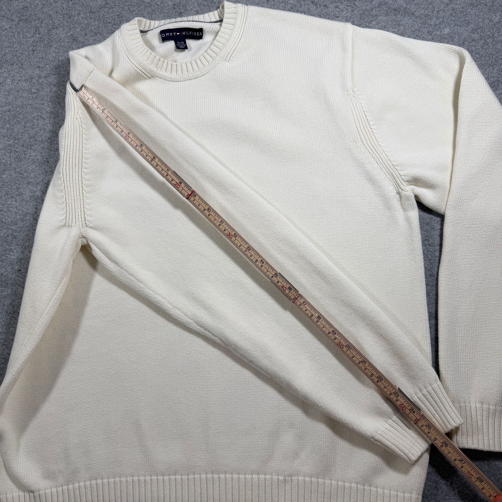 Tommy Hilfiger Heavyweight Knit Sweater Mens XL Cream Crewneck Flag Logo Preppy thumbnail 8