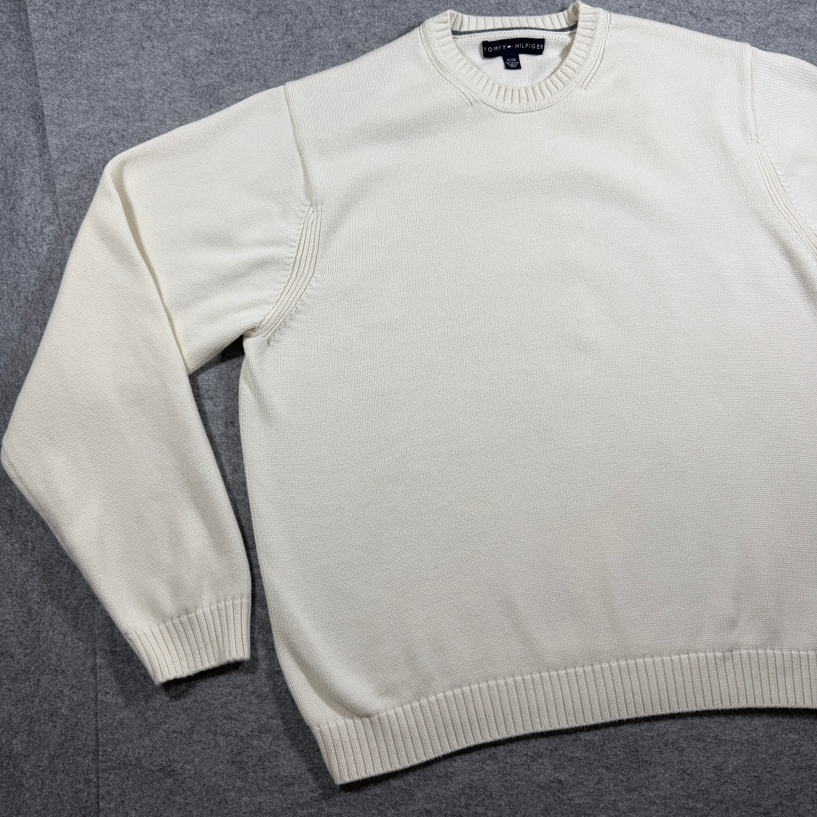 Tommy Hilfiger Heavyweight Knit Sweater Mens XL Cream Crewneck Flag Logo Preppy thumbnail 9