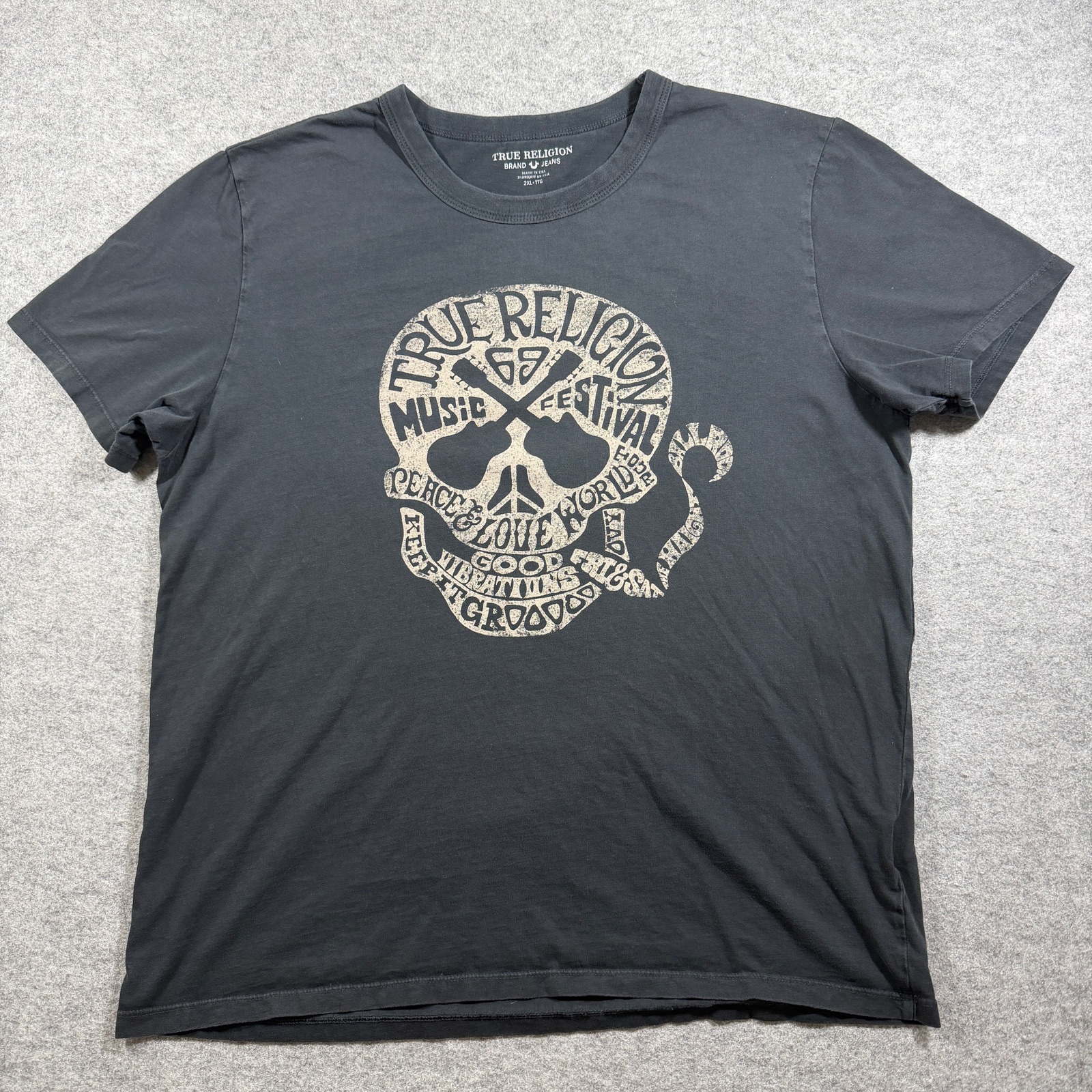 True Religion Y2K T Shirt Mens 2XL Black Skull Music Festival Graphic Made USA