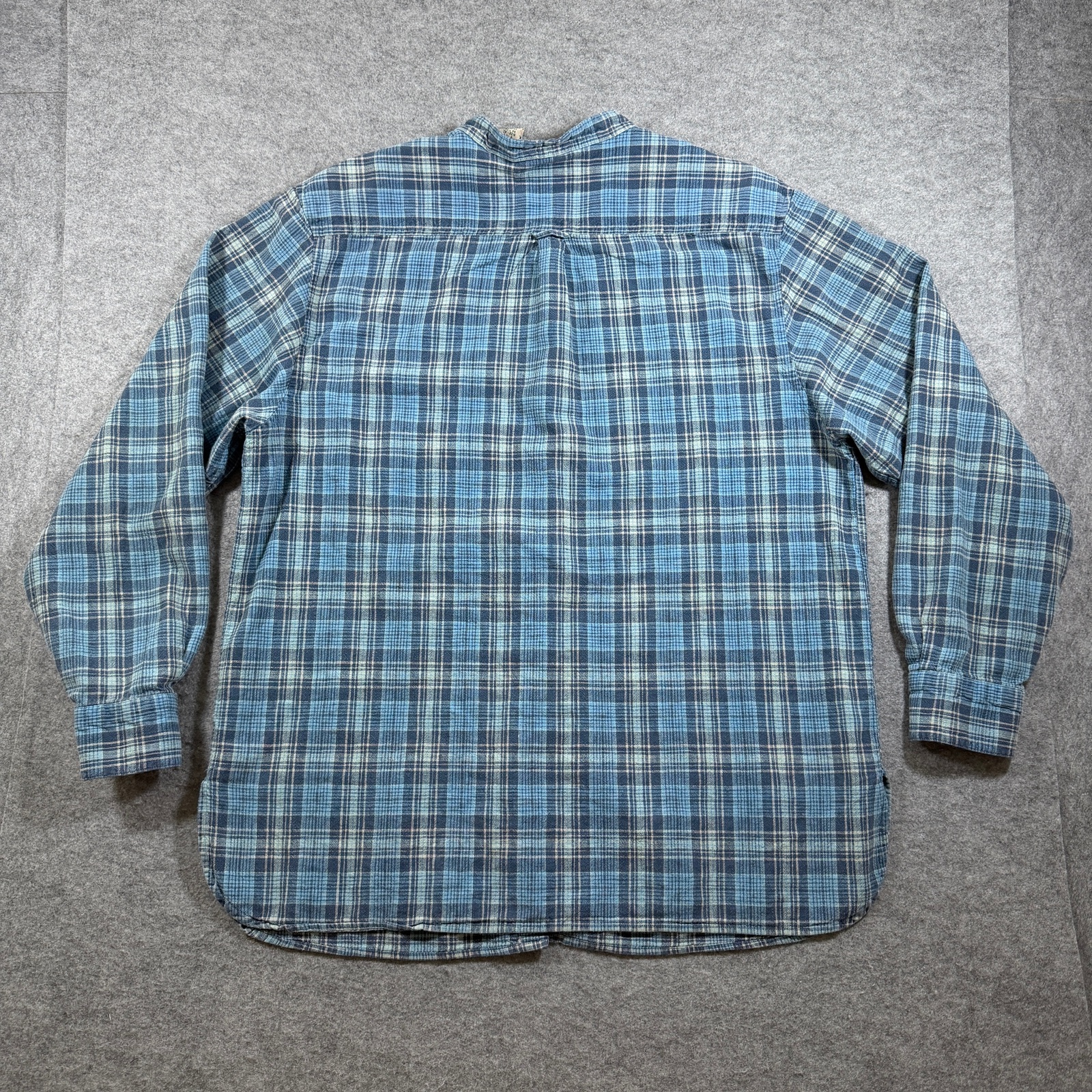 Vintage 90s L.L.Bean Flannel Shirt Womens XL Blue Plaid Linen Cotton Band Collar thumbnail 2
