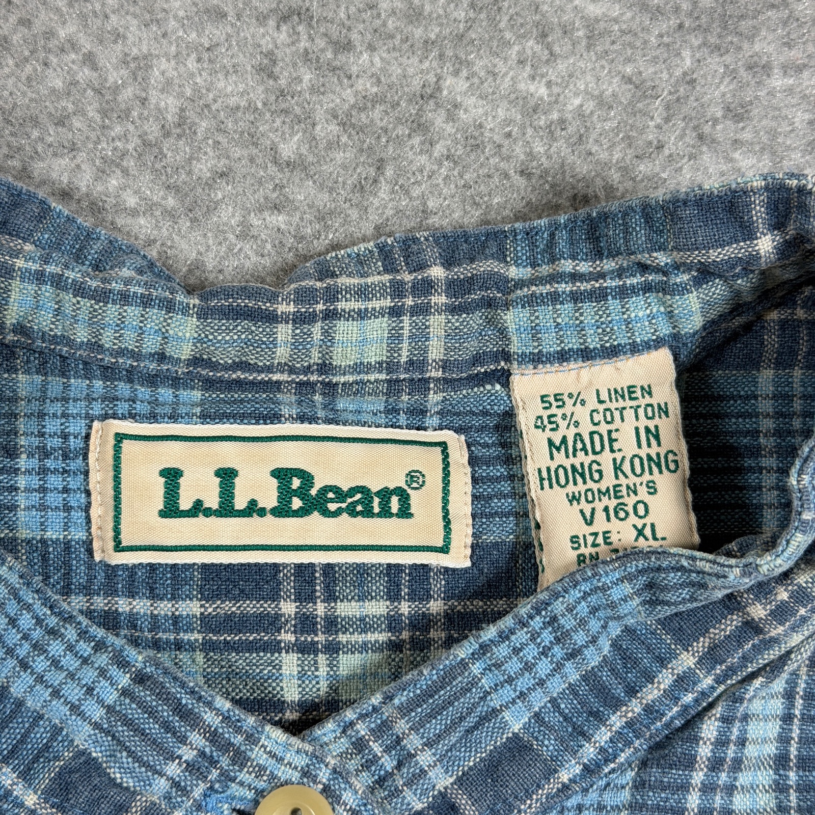 Vintage 90s L.L.Bean Flannel Shirt Womens XL Blue Plaid Linen Cotton Band Collar thumbnail 3