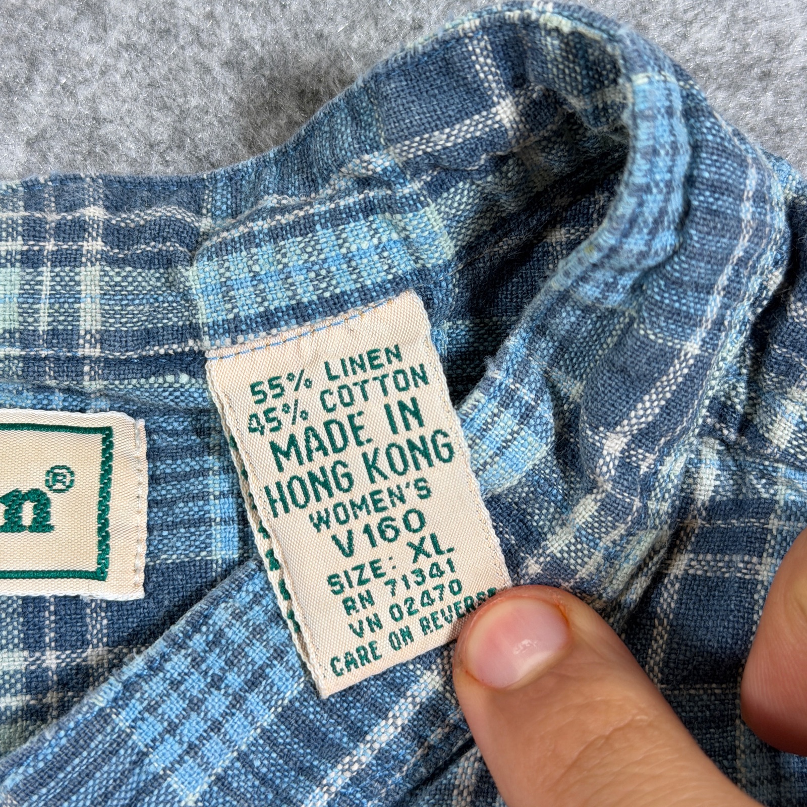 Vintage 90s L.L.Bean Flannel Shirt Womens XL Blue Plaid Linen Cotton Band Collar thumbnail 4