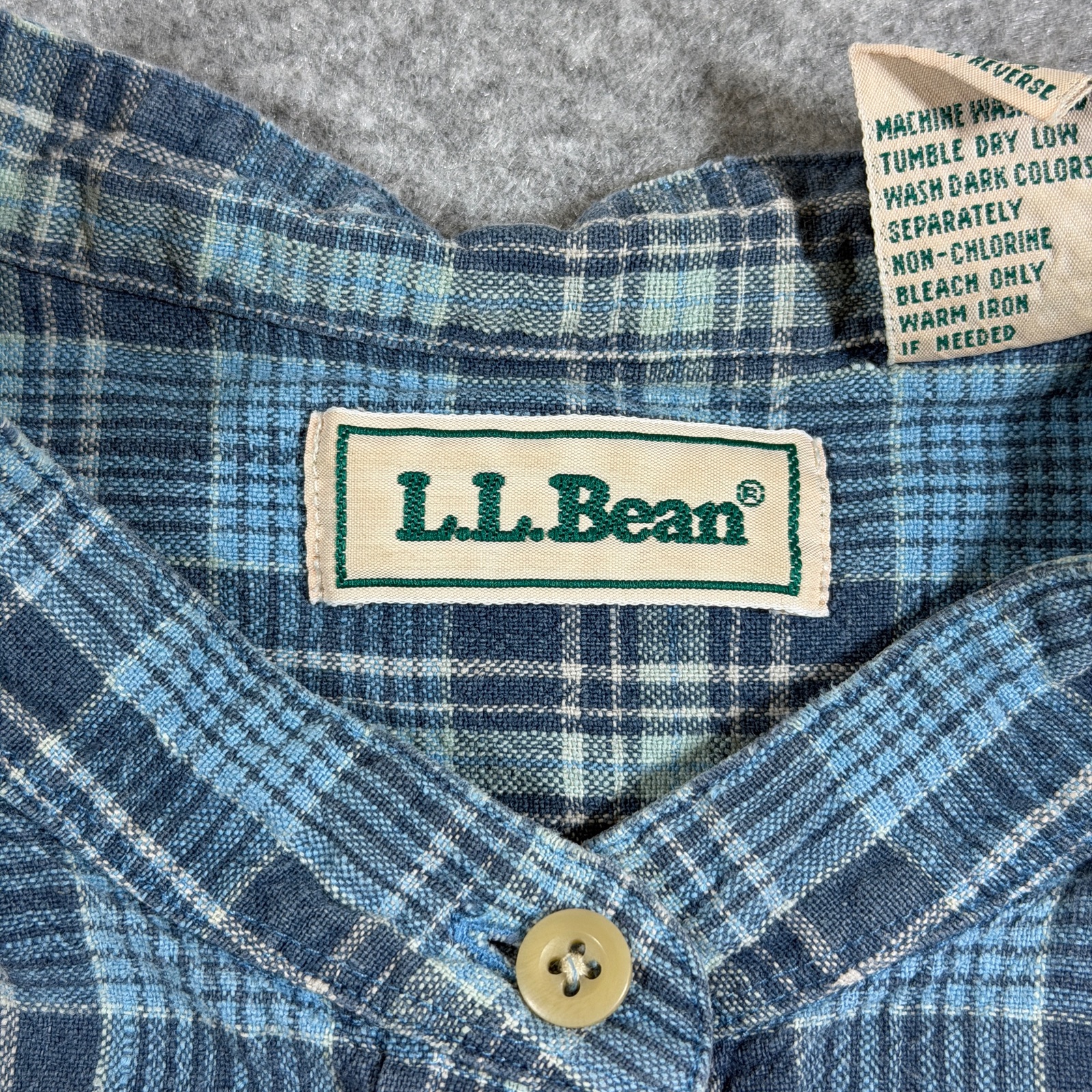 Vintage 90s L.L.Bean Flannel Shirt Womens XL Blue Plaid Linen Cotton Band Collar thumbnail 5