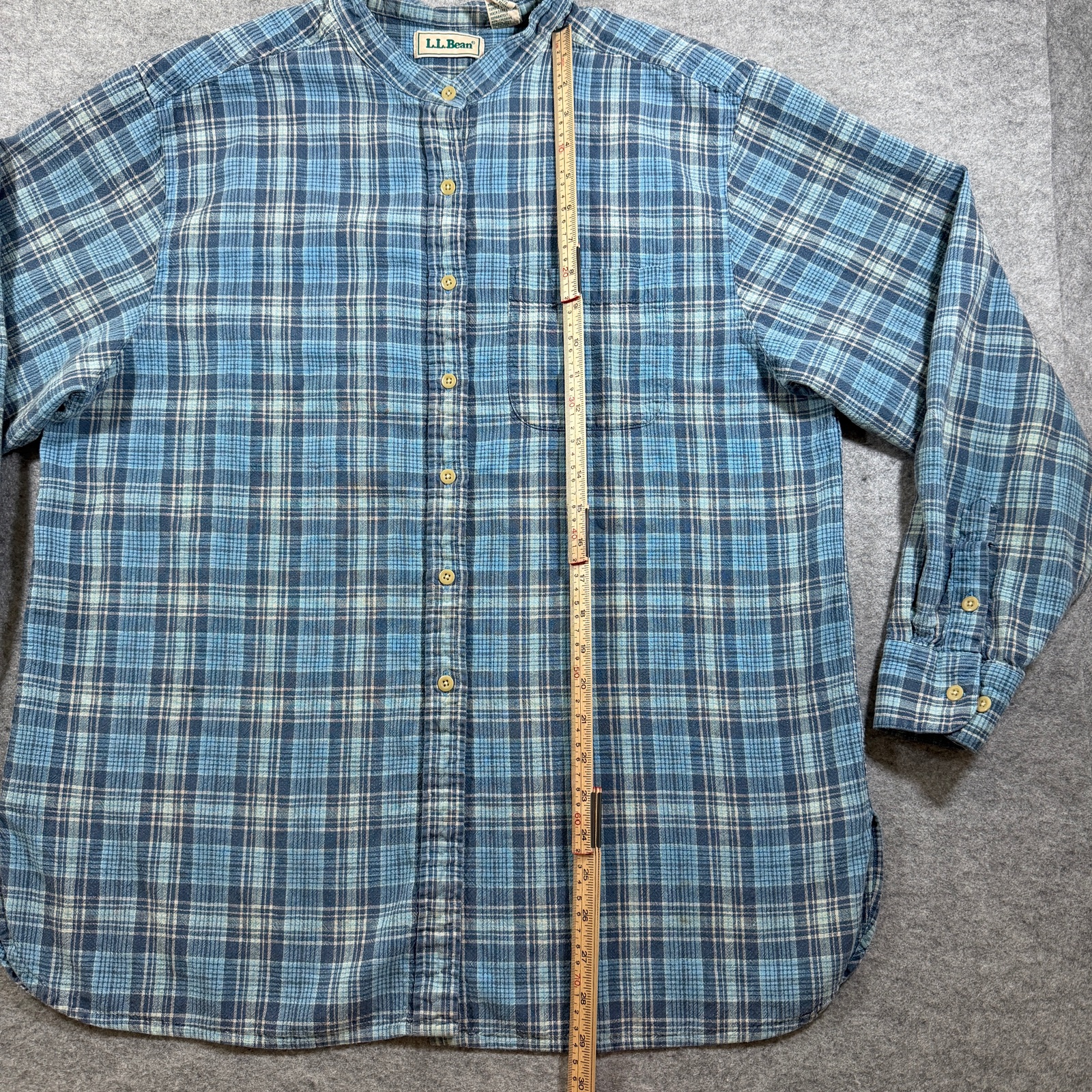 Vintage 90s L.L.Bean Flannel Shirt Womens XL Blue Plaid Linen Cotton Band Collar thumbnail 6