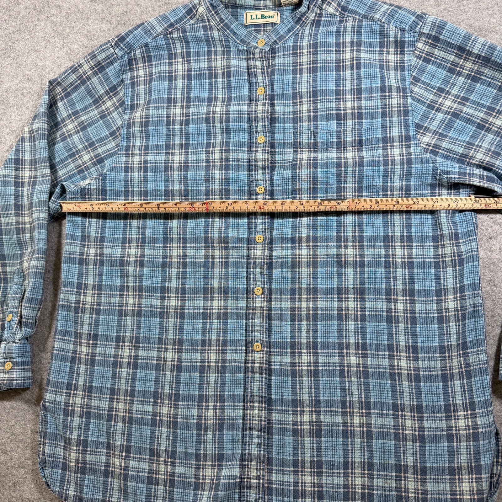 Vintage 90s L.L.Bean Flannel Shirt Womens XL Blue Plaid Linen Cotton Band Collar thumbnail 7