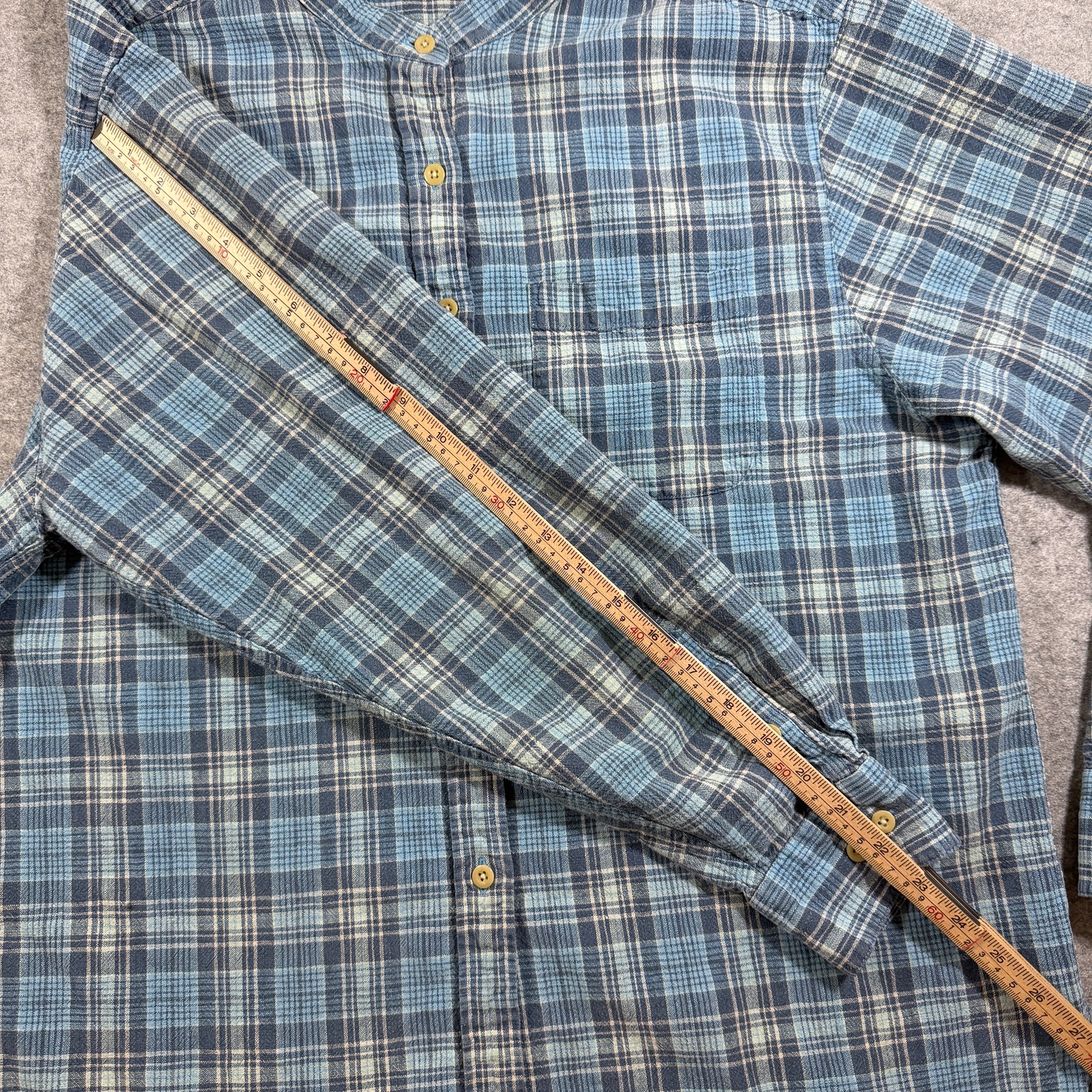 Vintage 90s L.L.Bean Flannel Shirt Womens XL Blue Plaid Linen Cotton Band Collar thumbnail 8