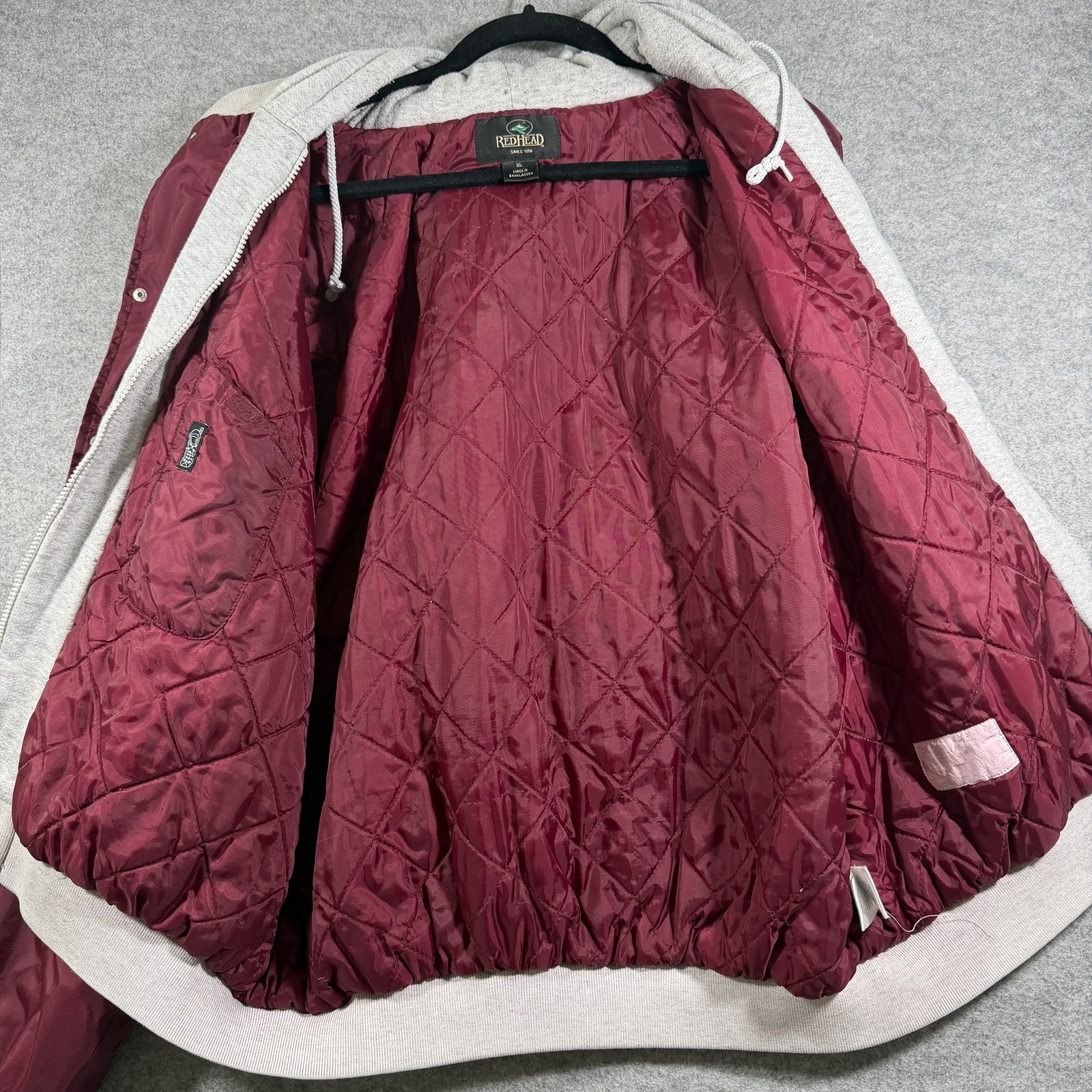 RedHead Quilted Varsity Jacket Mens XL Maroon Gray Hooded Snap Front Vintage 90s thumbnail 5