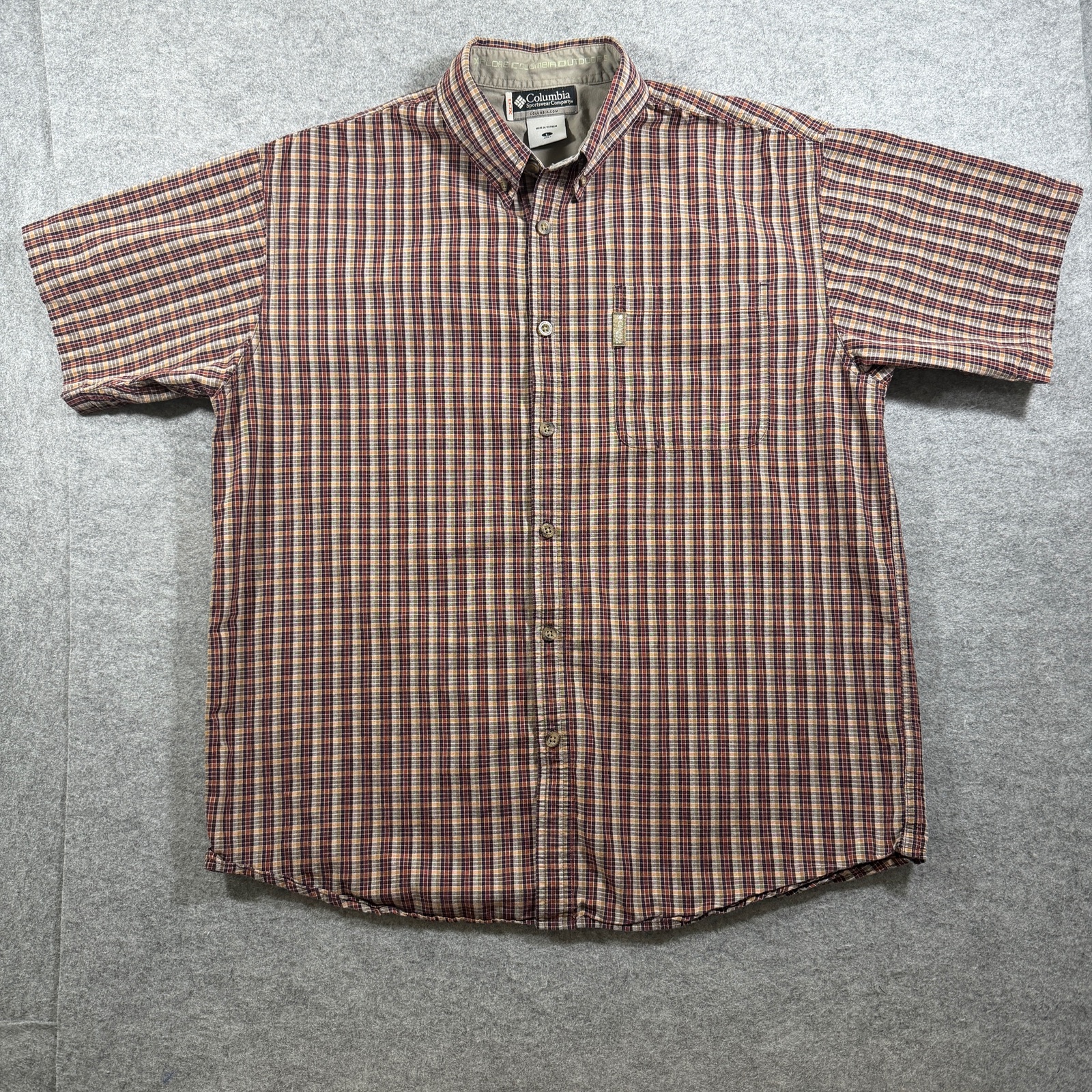 VTG Columbia XCO Shirt Mens L Orange Plaid Button Up Outdoor Hiking Short Sleeve