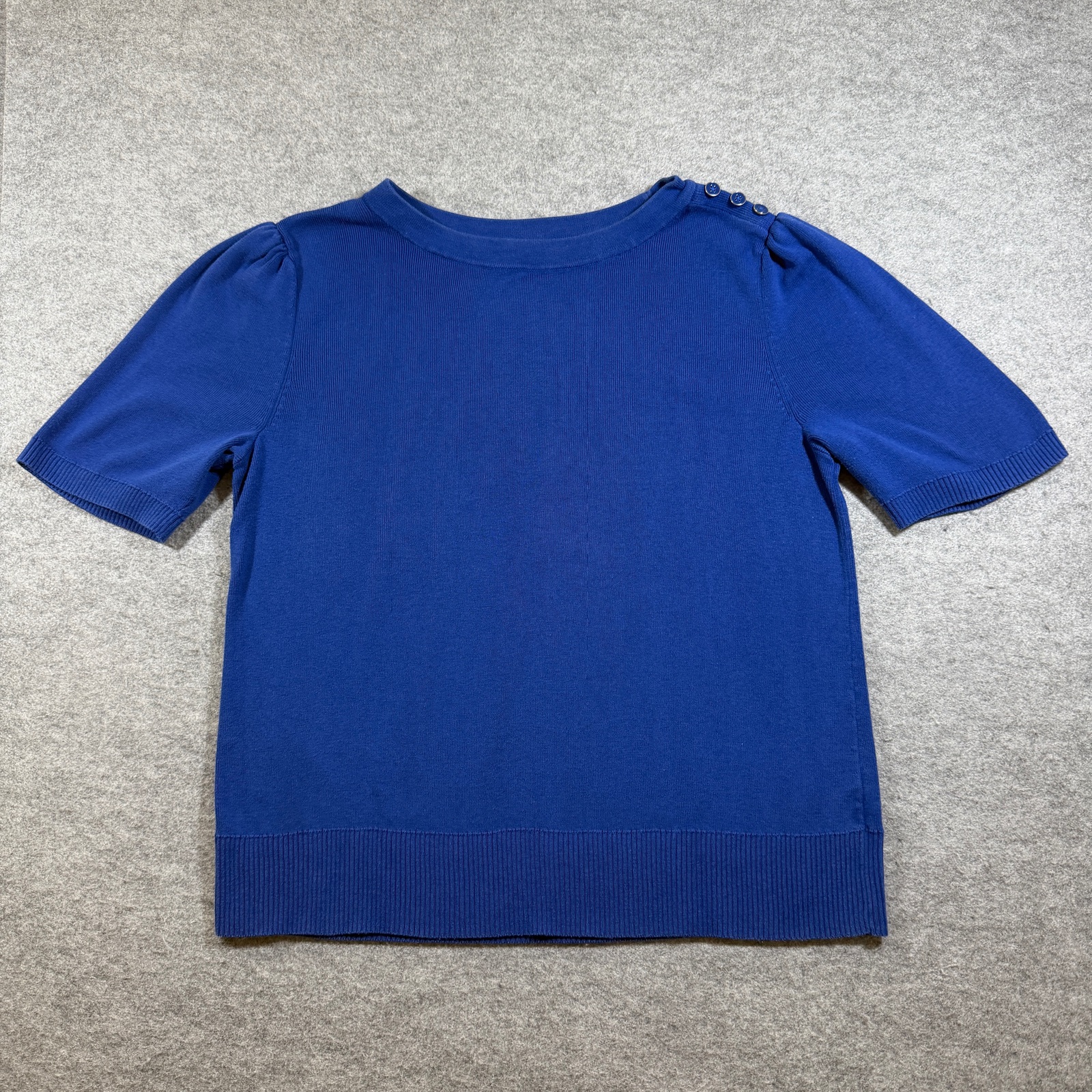 Talbots Sweater Womens L Blue Puff Sleeve Ribbed Knit Shoulder Button Cotton
