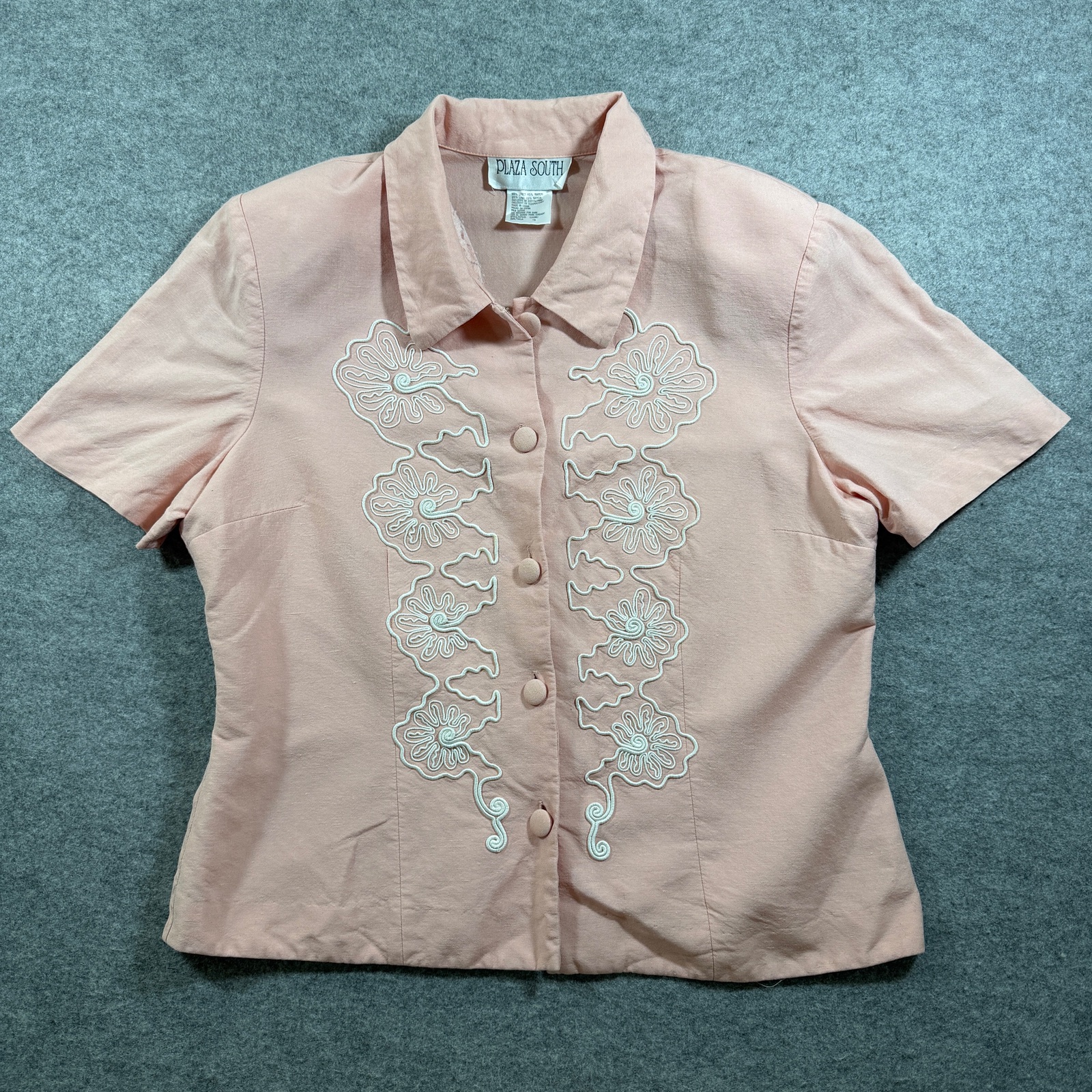 Plaza South Blouse Womens 16 Pink Linen Floral Embroidered Collared Vintage