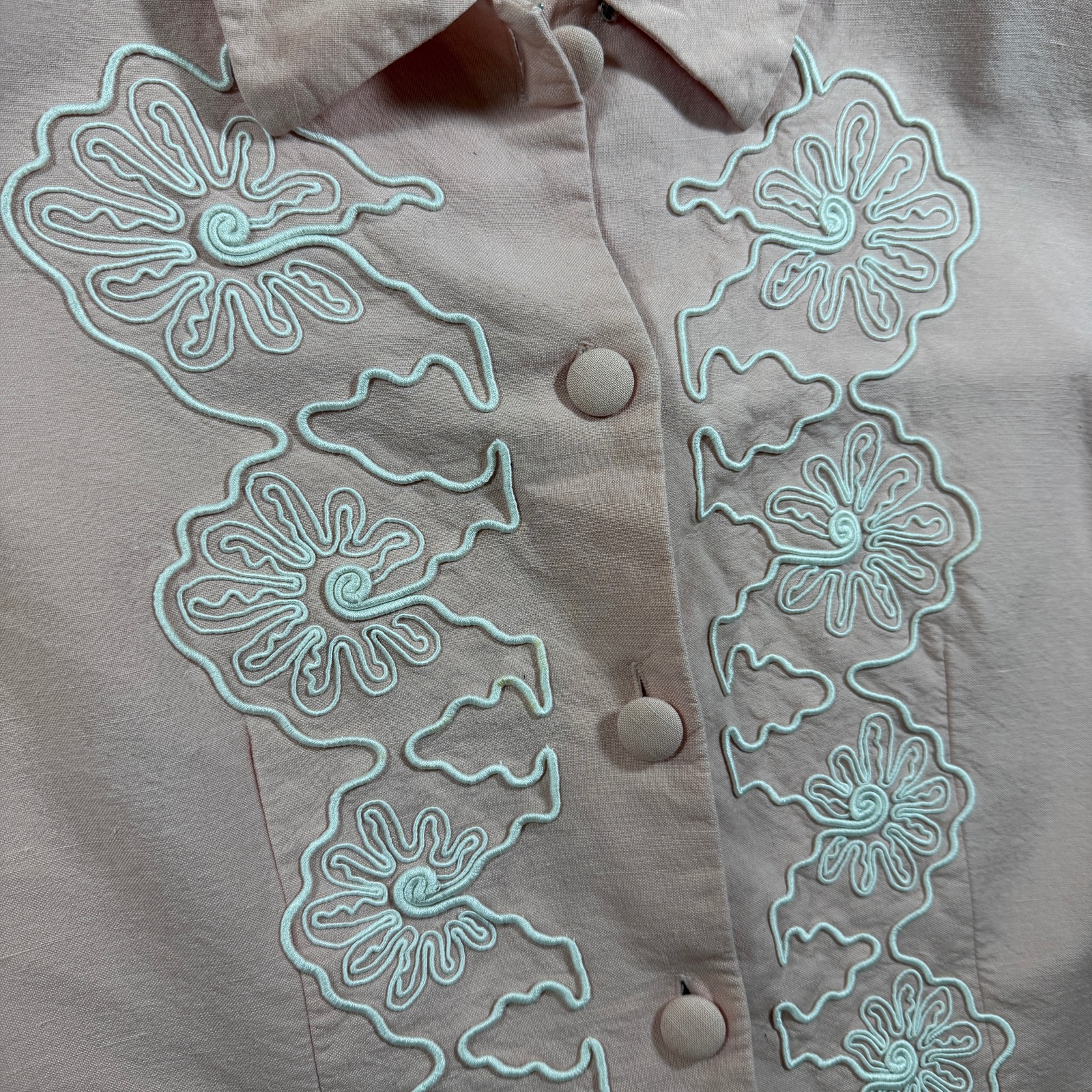 Plaza South Blouse Womens 16 Pink Linen Floral Embroidered Collared Vintage thumbnail 4