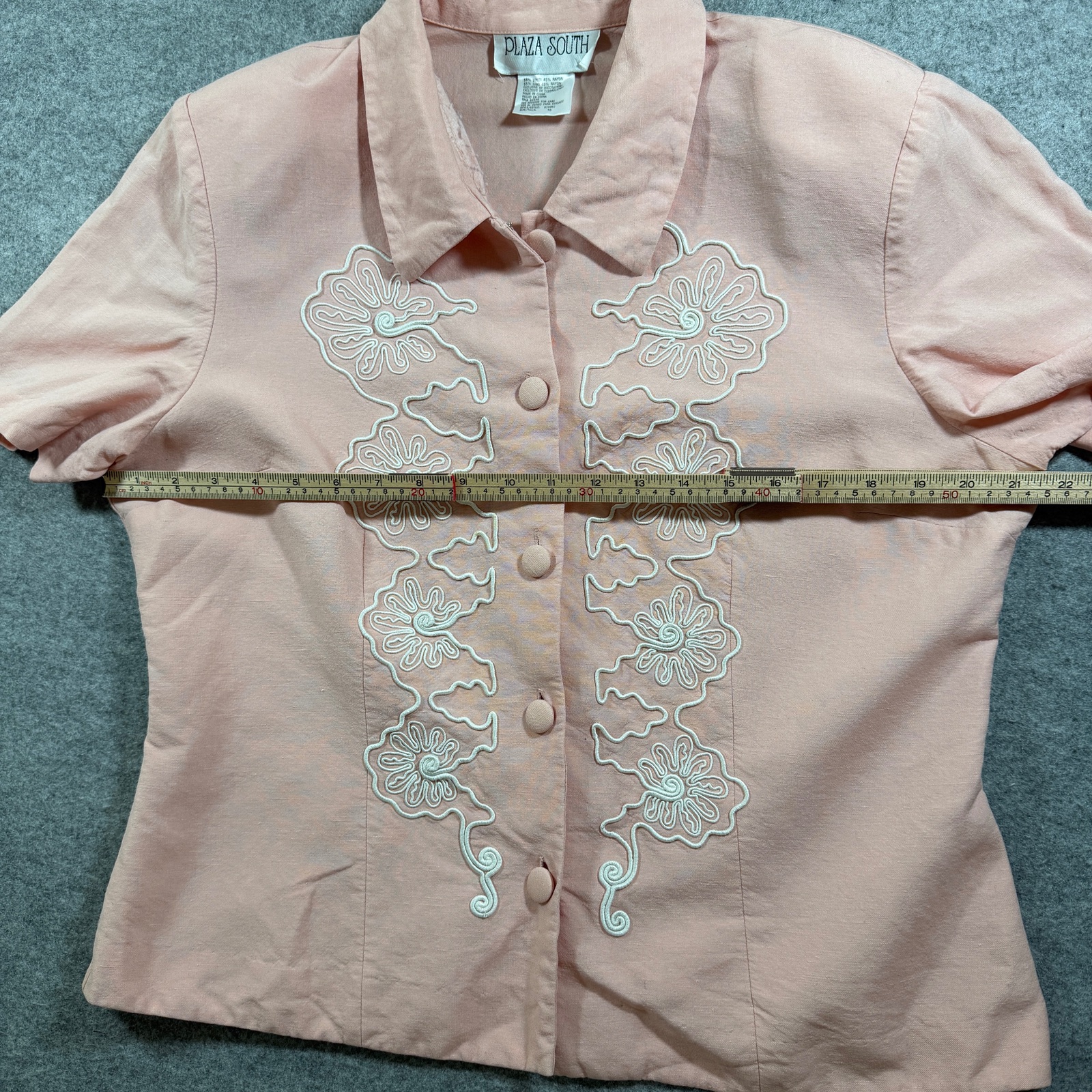 Plaza South Blouse Womens 16 Pink Linen Floral Embroidered Collared Vintage thumbnail 6