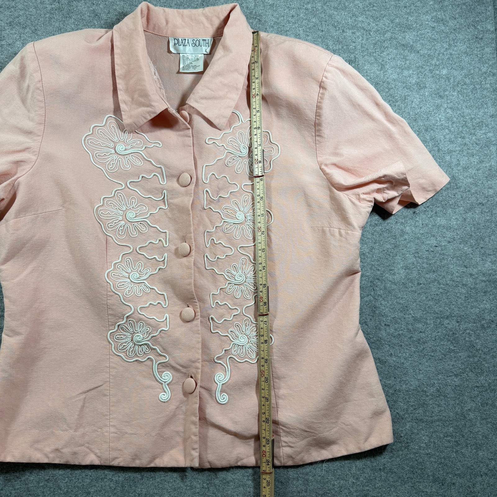 Plaza South Blouse Womens 16 Pink Linen Floral Embroidered Collared Vintage thumbnail 7