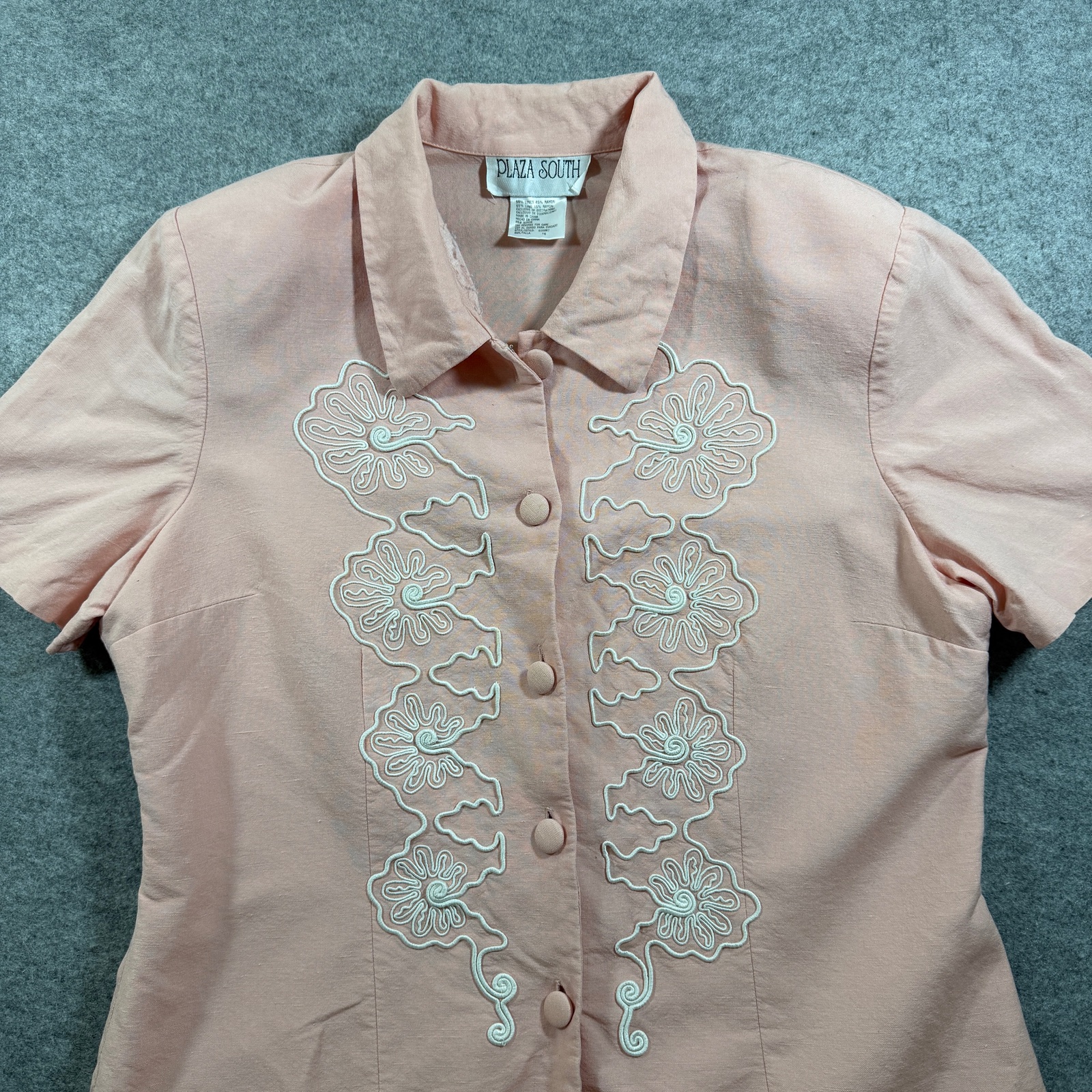 Plaza South Blouse Womens 16 Pink Linen Floral Embroidered Collared Vintage thumbnail 9
