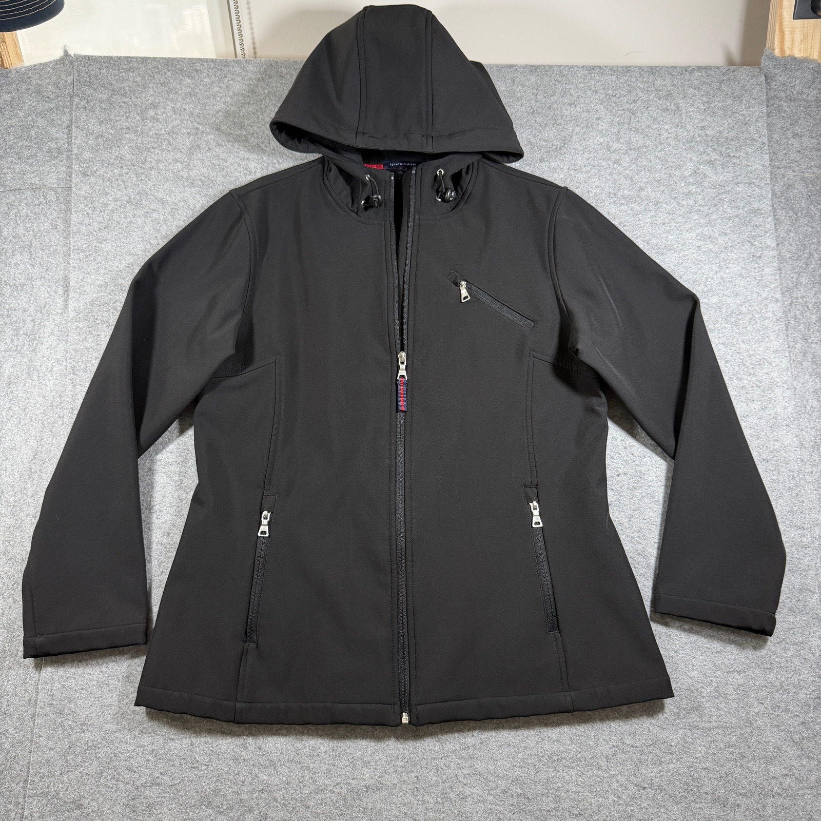 Tommy Hilfiger Soft Shell Jacket Womens L Black Hooded Full Zip Fleece Lined