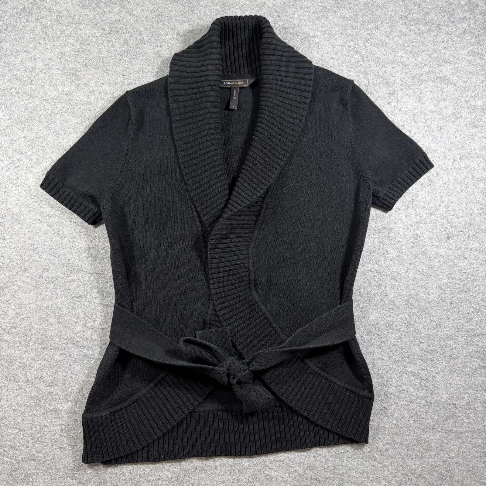 BCBGMAXAZRIA Cardigan Sweater Womens S Black Wrap Front Tie Belt Shawl Collar