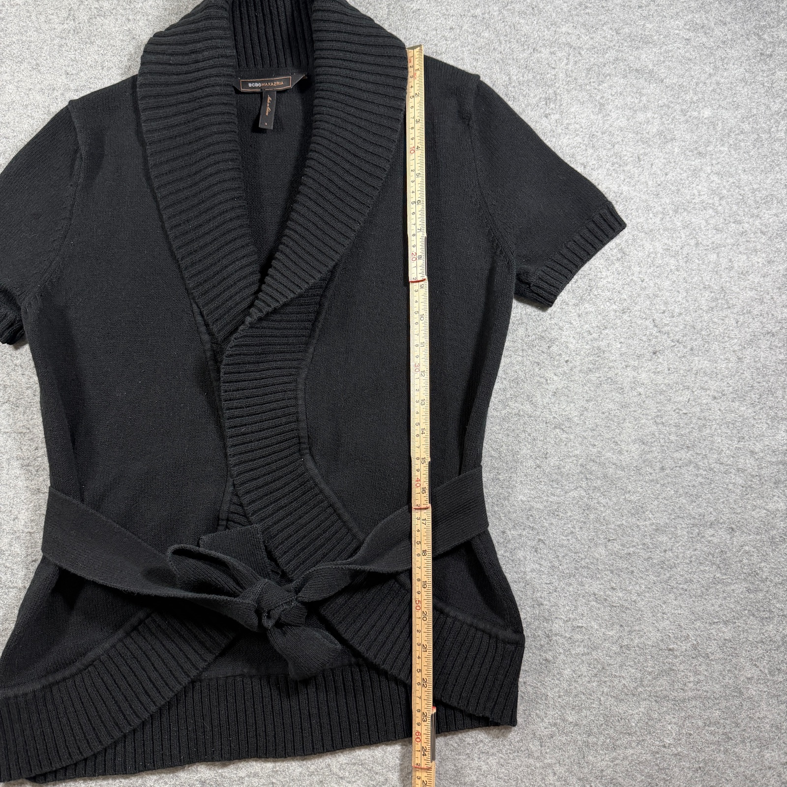 BCBGMAXAZRIA Cardigan Sweater Womens S Black Wrap Front Tie Belt Shawl Collar thumbnail 3