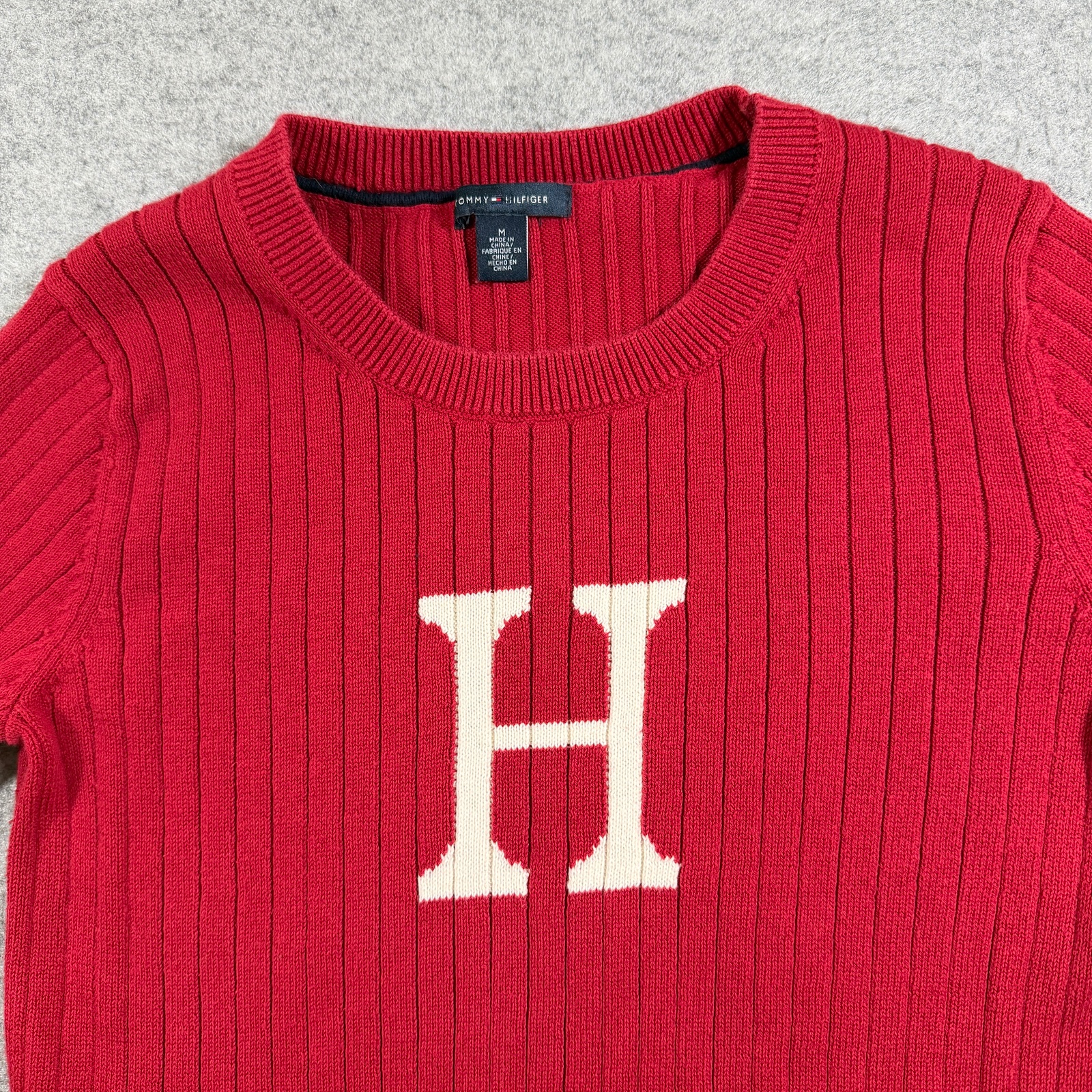 Tommy Hilfiger Sweater Womens M Red Crewneck Ribbed Knit H Logo Cotton Preppy thumbnail 3