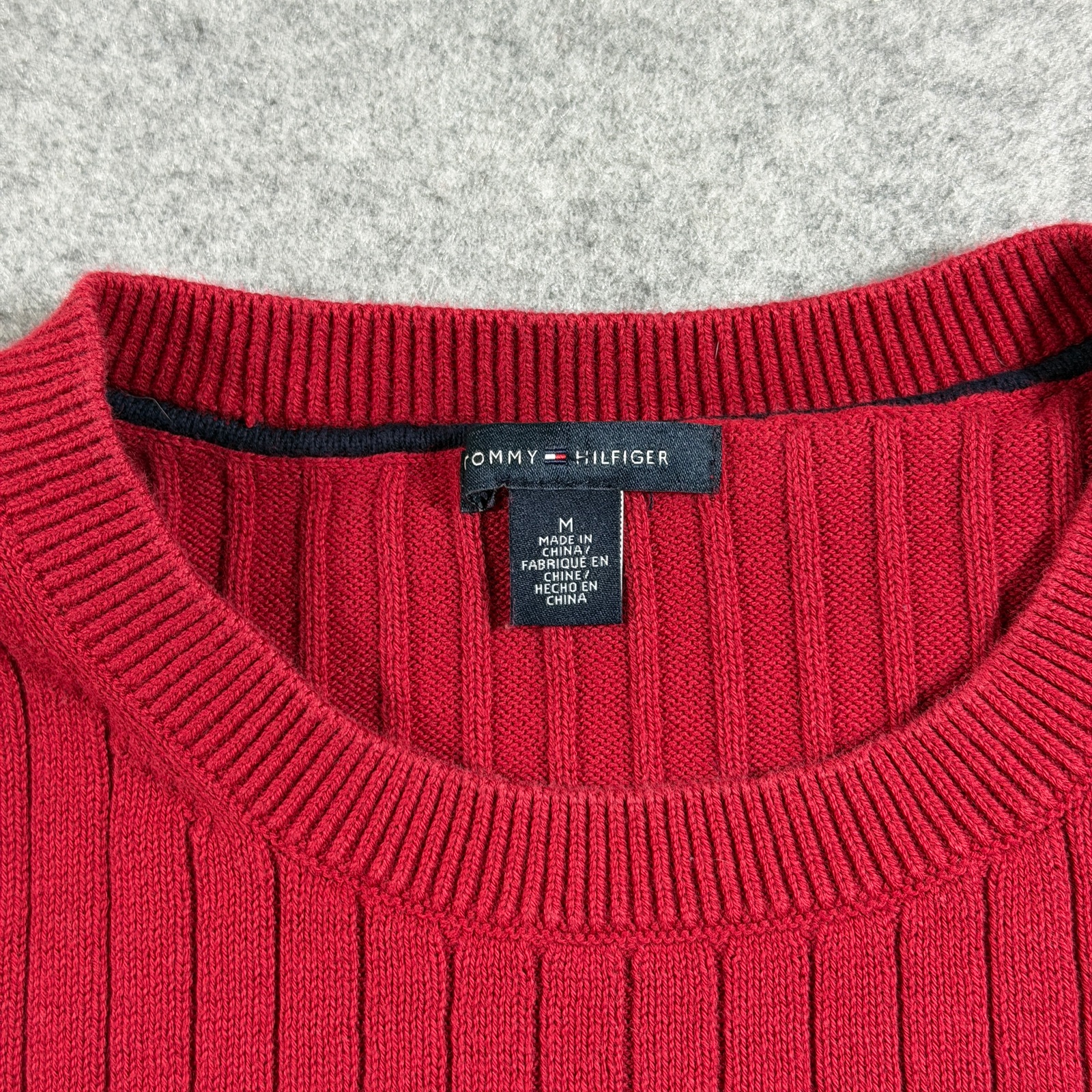 Tommy Hilfiger Sweater Womens M Red Crewneck Ribbed Knit H Logo Cotton Preppy thumbnail 5