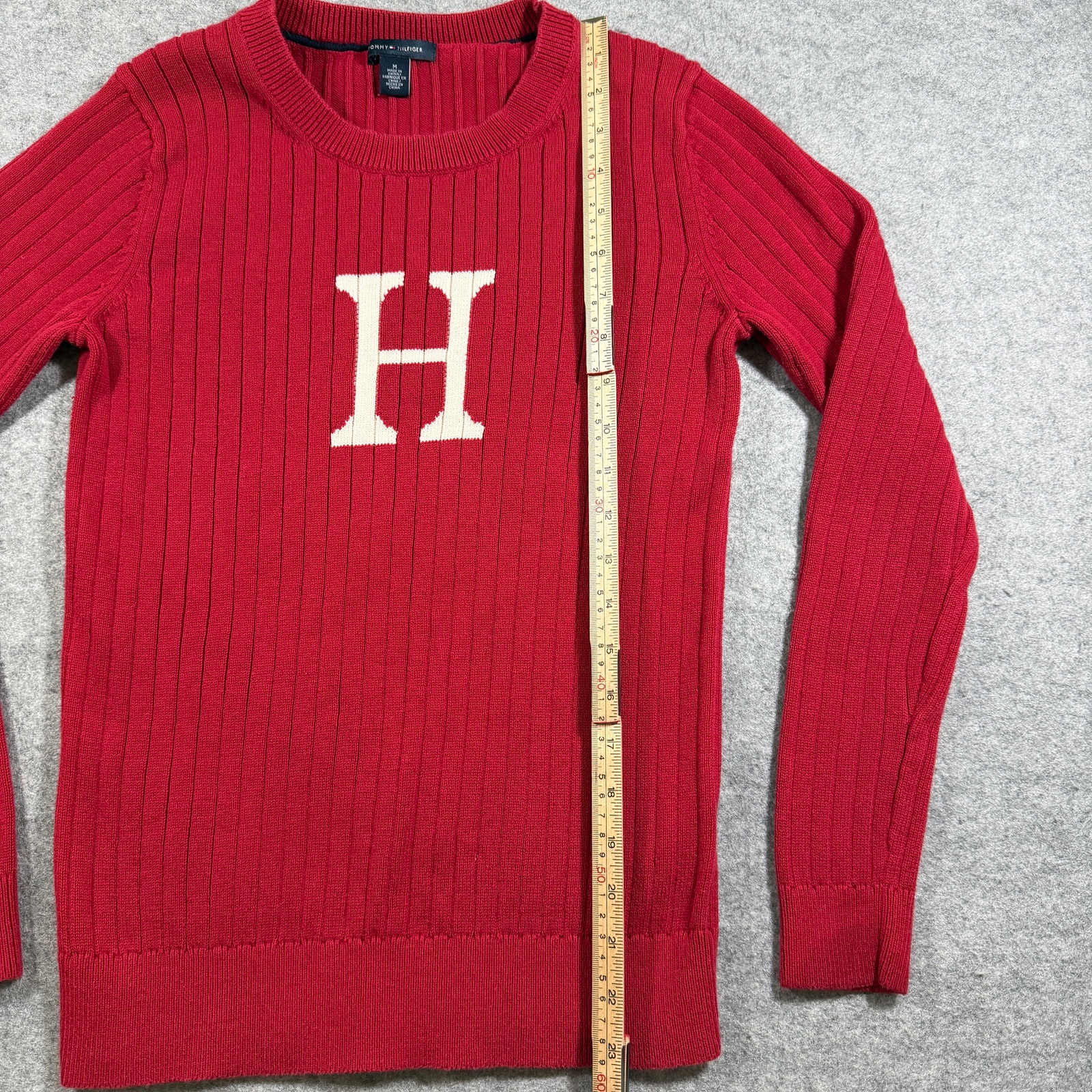 Tommy Hilfiger Sweater Womens M Red Crewneck Ribbed Knit H Logo Cotton Preppy thumbnail 6