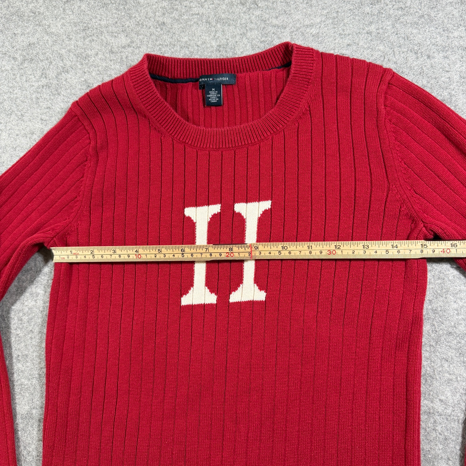 Tommy Hilfiger Sweater Womens M Red Crewneck Ribbed Knit H Logo Cotton Preppy thumbnail 7