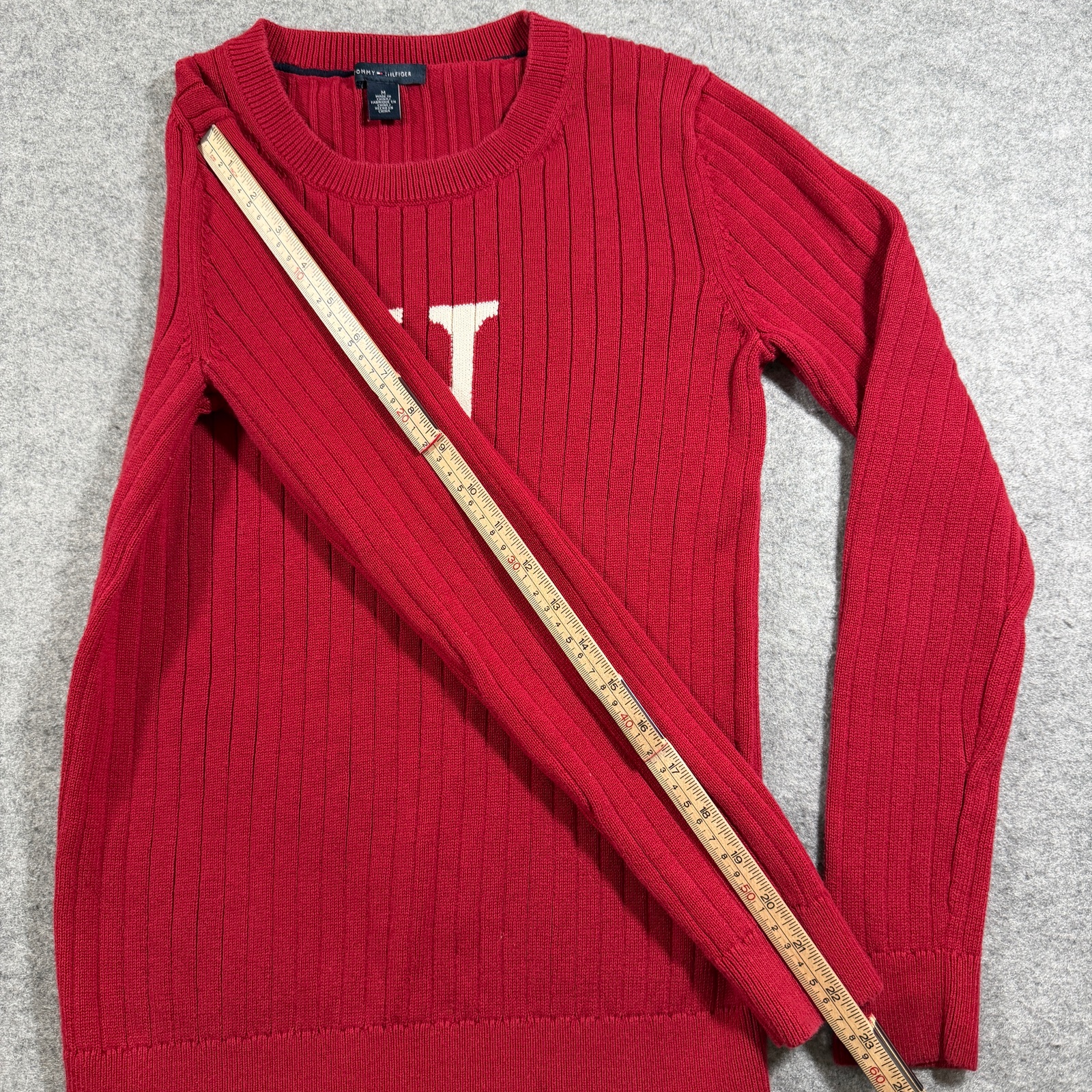 Tommy Hilfiger Sweater Womens M Red Crewneck Ribbed Knit H Logo Cotton Preppy thumbnail 8