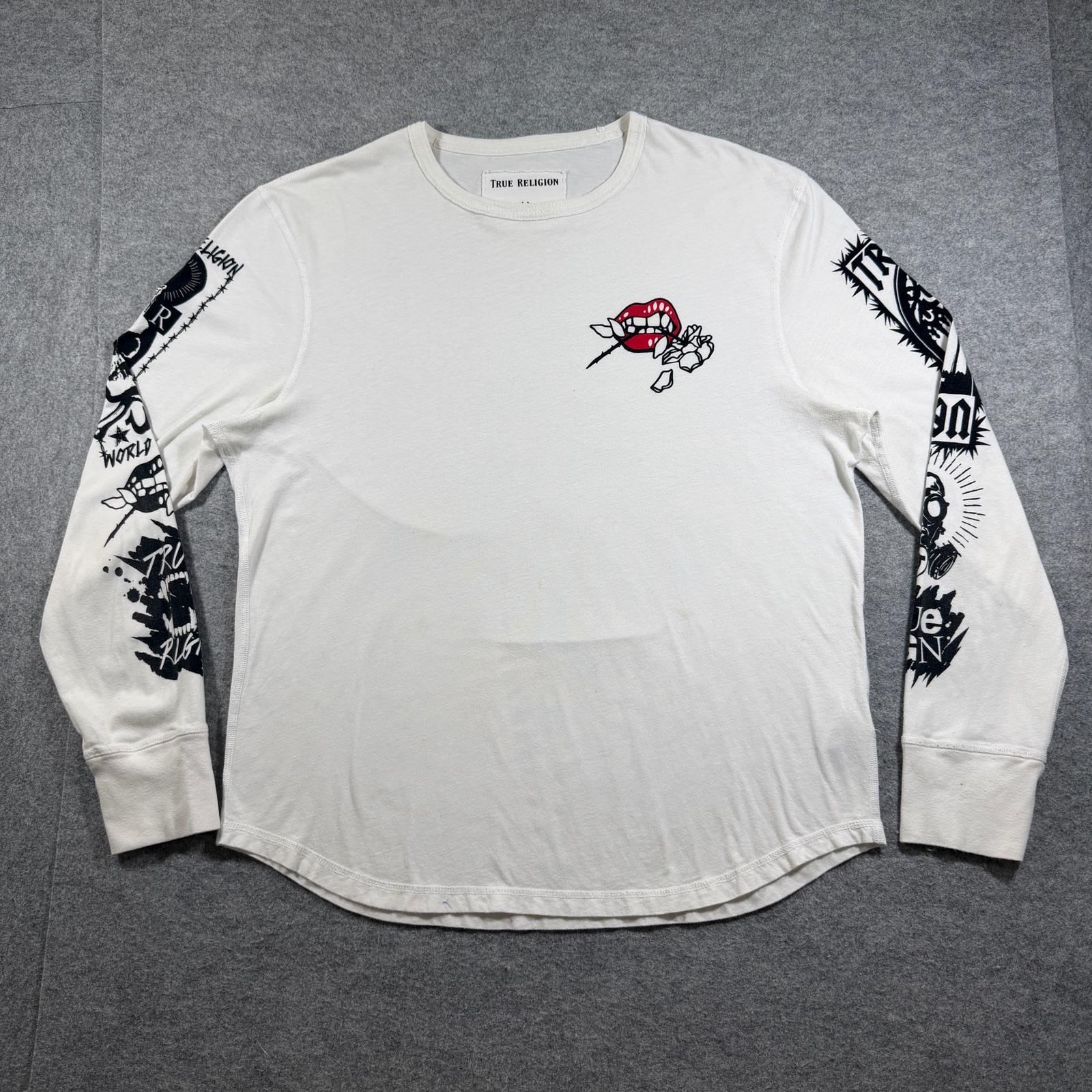True Religion Long Sleeve Shirt Mens L White Graphic Logo Cotton Streetwear