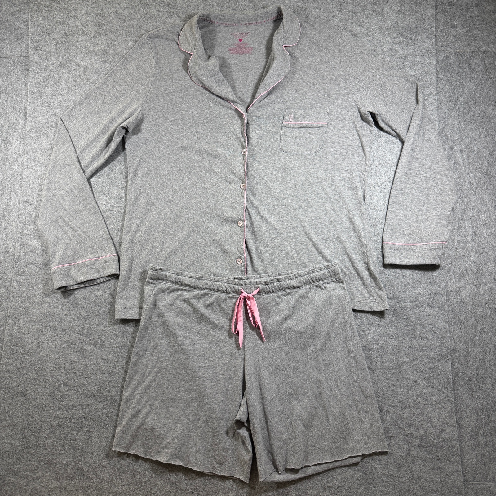Victoria's Secret Pajama Set Womens L Gray Pink Trim Button Up Shorts Cotton