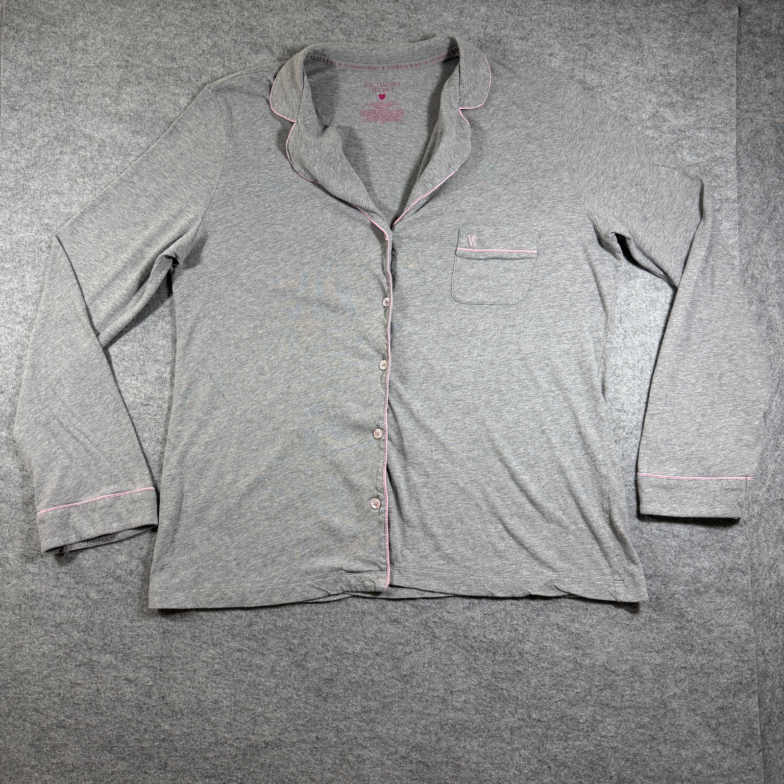Victoria's Secret Pajama Set Womens L Gray Pink Trim Button Up Shorts Cotton thumbnail 2