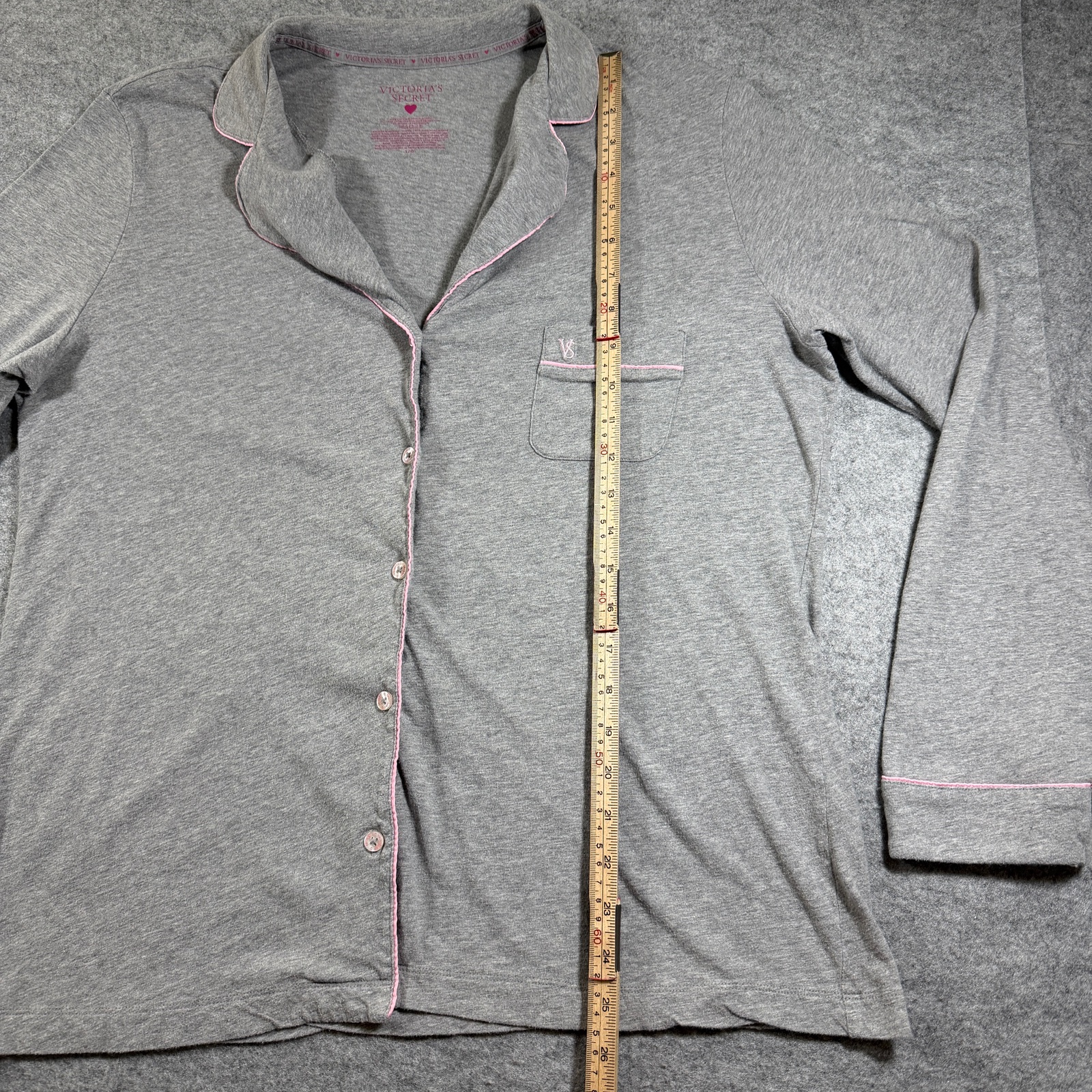 Victoria's Secret Pajama Set Womens L Gray Pink Trim Button Up Shorts Cotton thumbnail 6