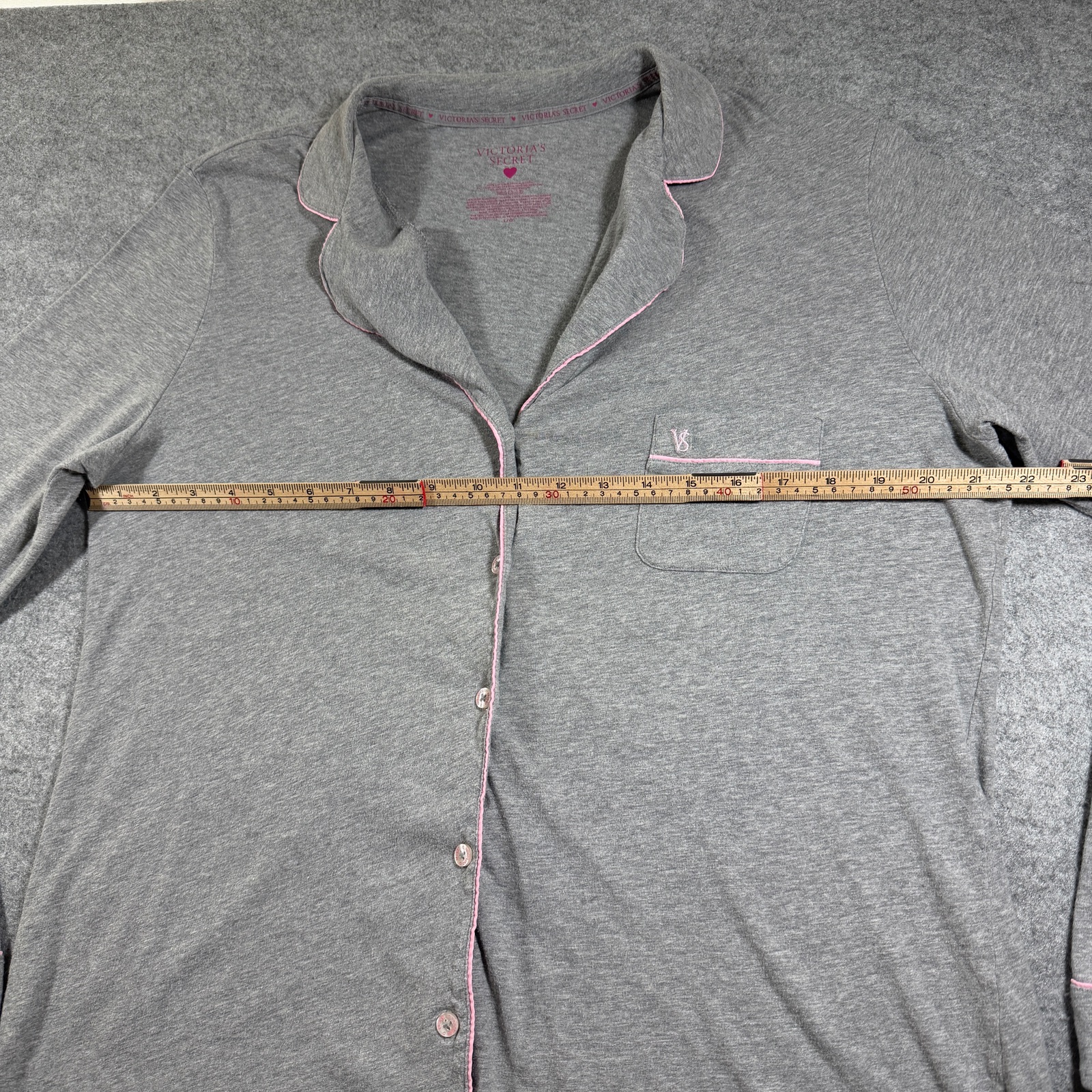 Victoria's Secret Pajama Set Womens L Gray Pink Trim Button Up Shorts Cotton thumbnail 7