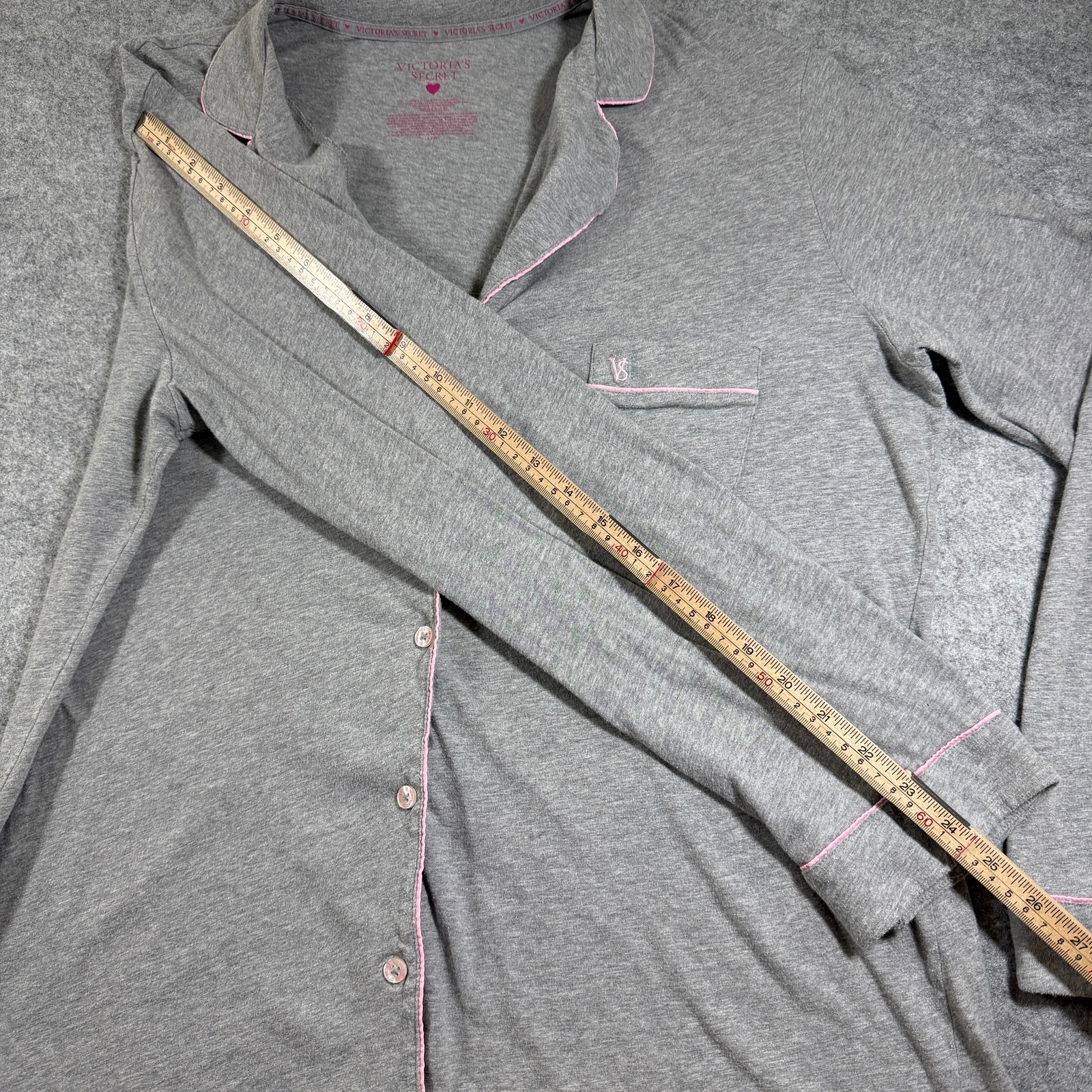 Victoria's Secret Pajama Set Womens L Gray Pink Trim Button Up Shorts Cotton thumbnail 11