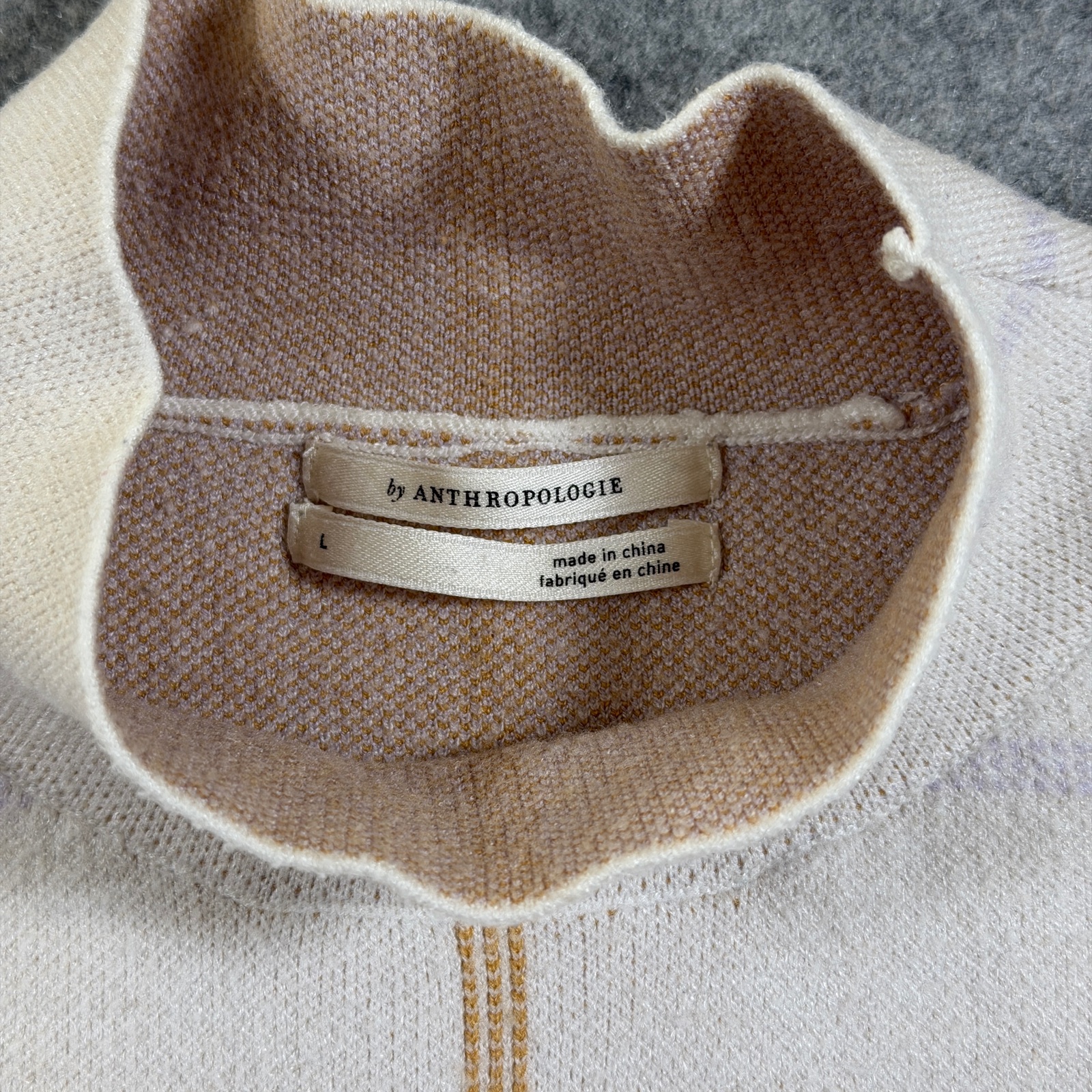 Anthropologie Windowpane Plaid Sweater Womens L Cream Mock Neck Knit Pullover thumbnail 3