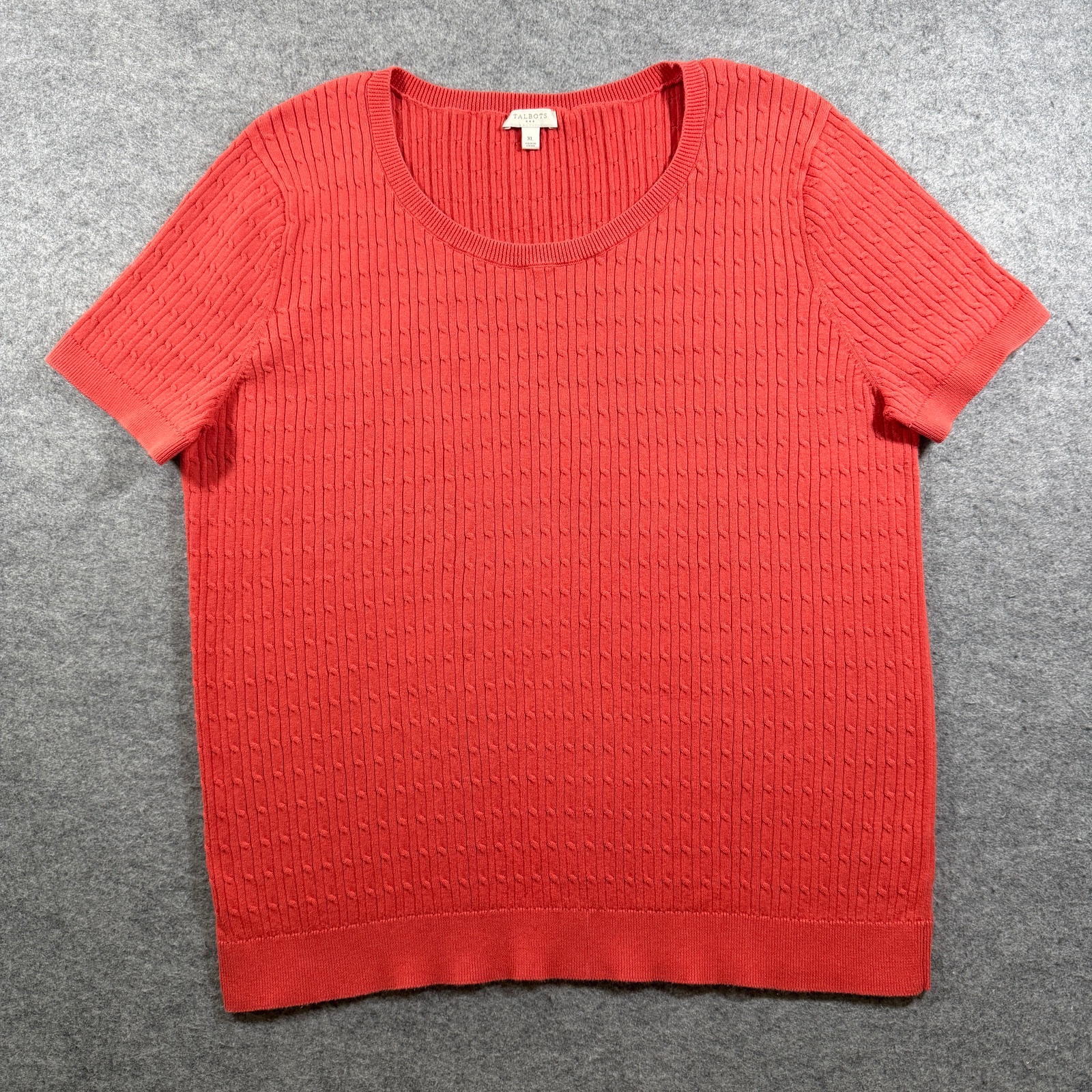 Talbots Cable Knit Sweater Womens XL Coral Short Sleeve Ribbed Crew Neck Cotton