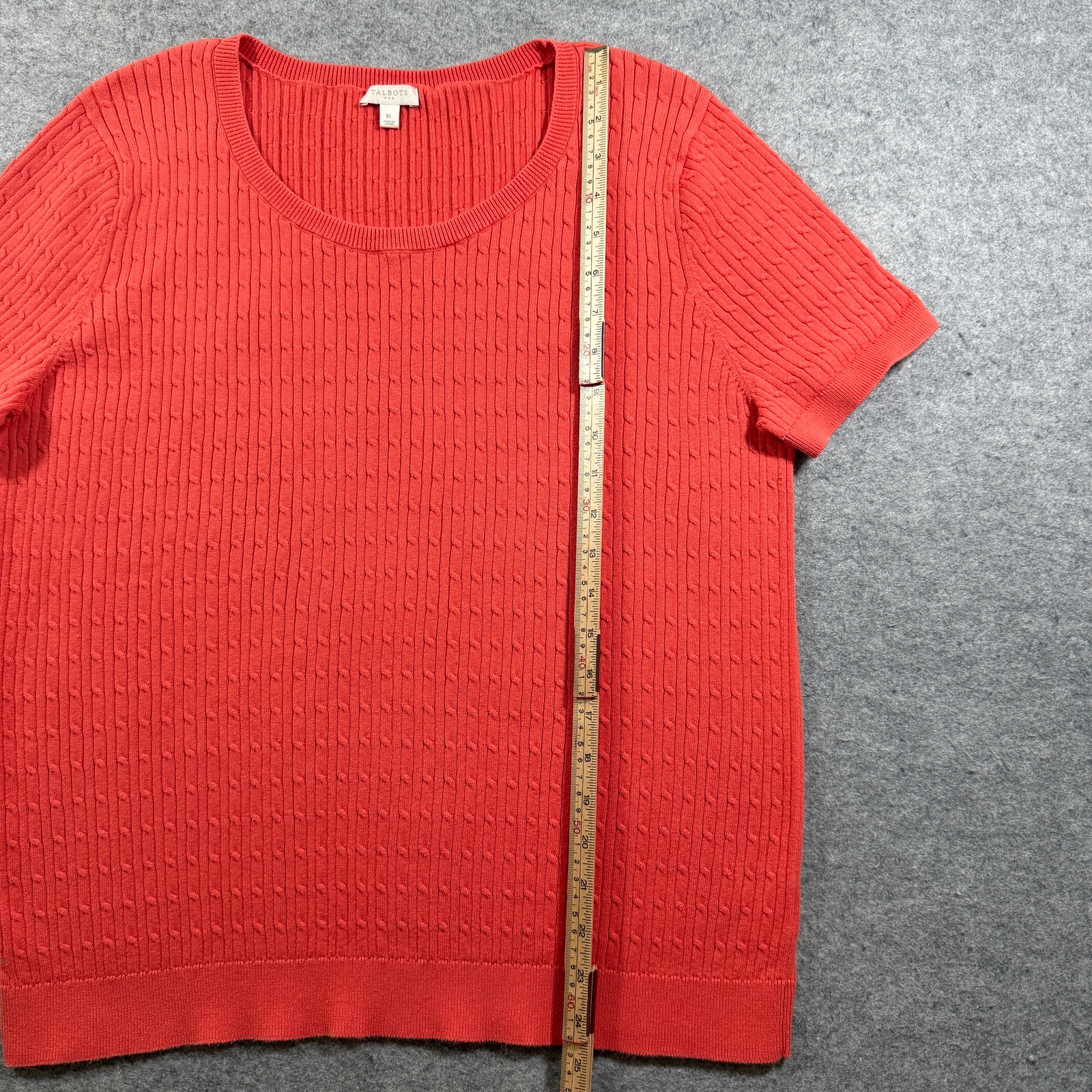 Talbots Cable Knit Sweater Womens XL Coral Short Sleeve Ribbed Crew Neck Cotton thumbnail 5