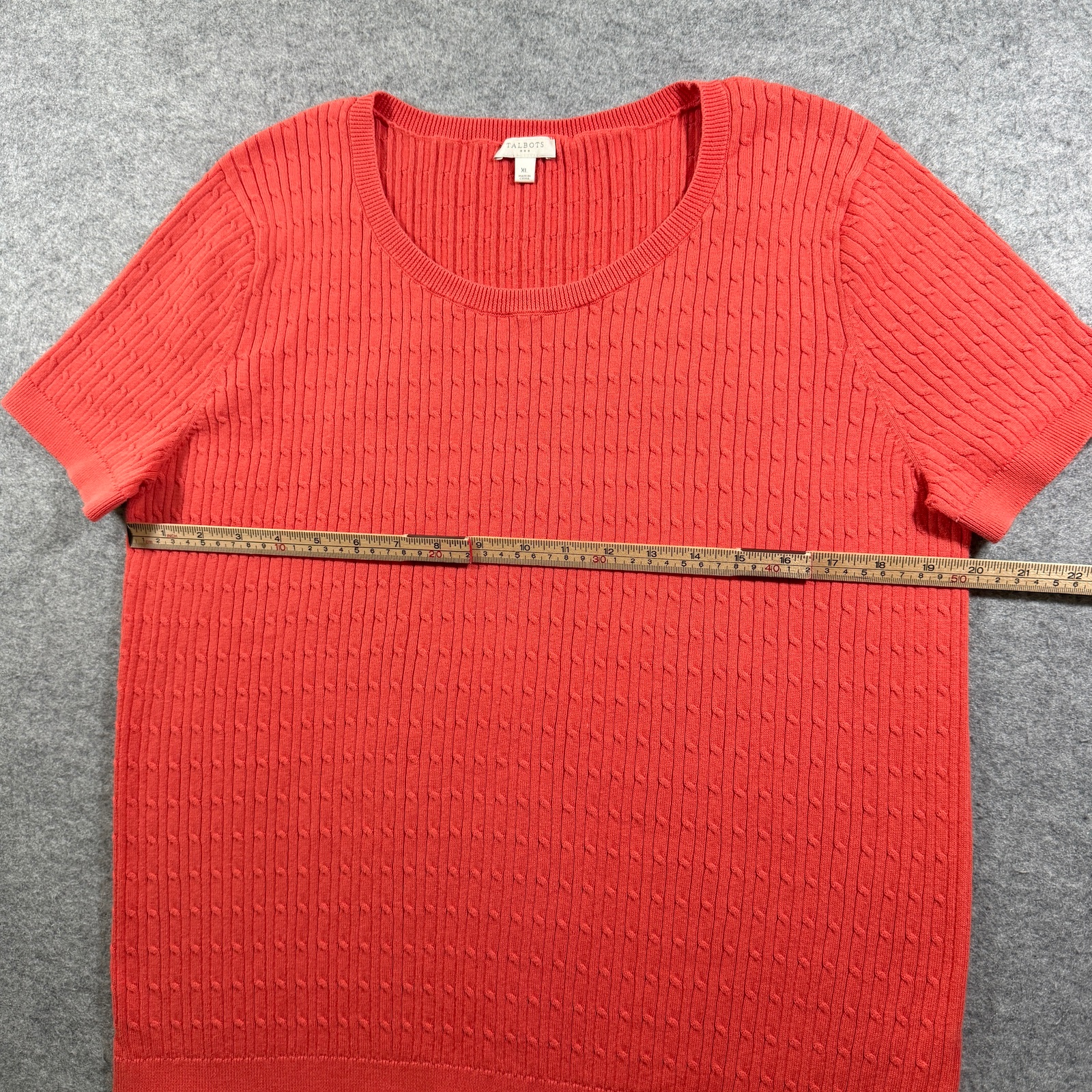 Talbots Cable Knit Sweater Womens XL Coral Short Sleeve Ribbed Crew Neck Cotton thumbnail 6