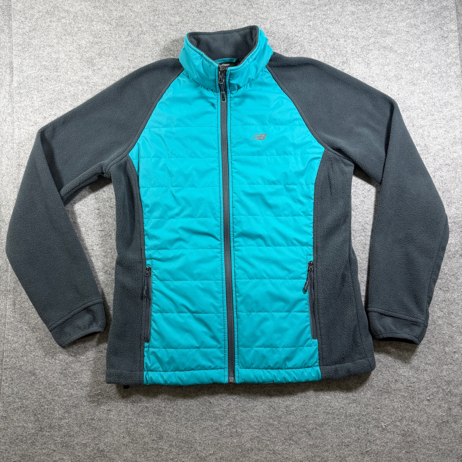 New Balance Puffer Jacket Womens M Teal Black Quilted Fleece Sleeves Zip Pockets