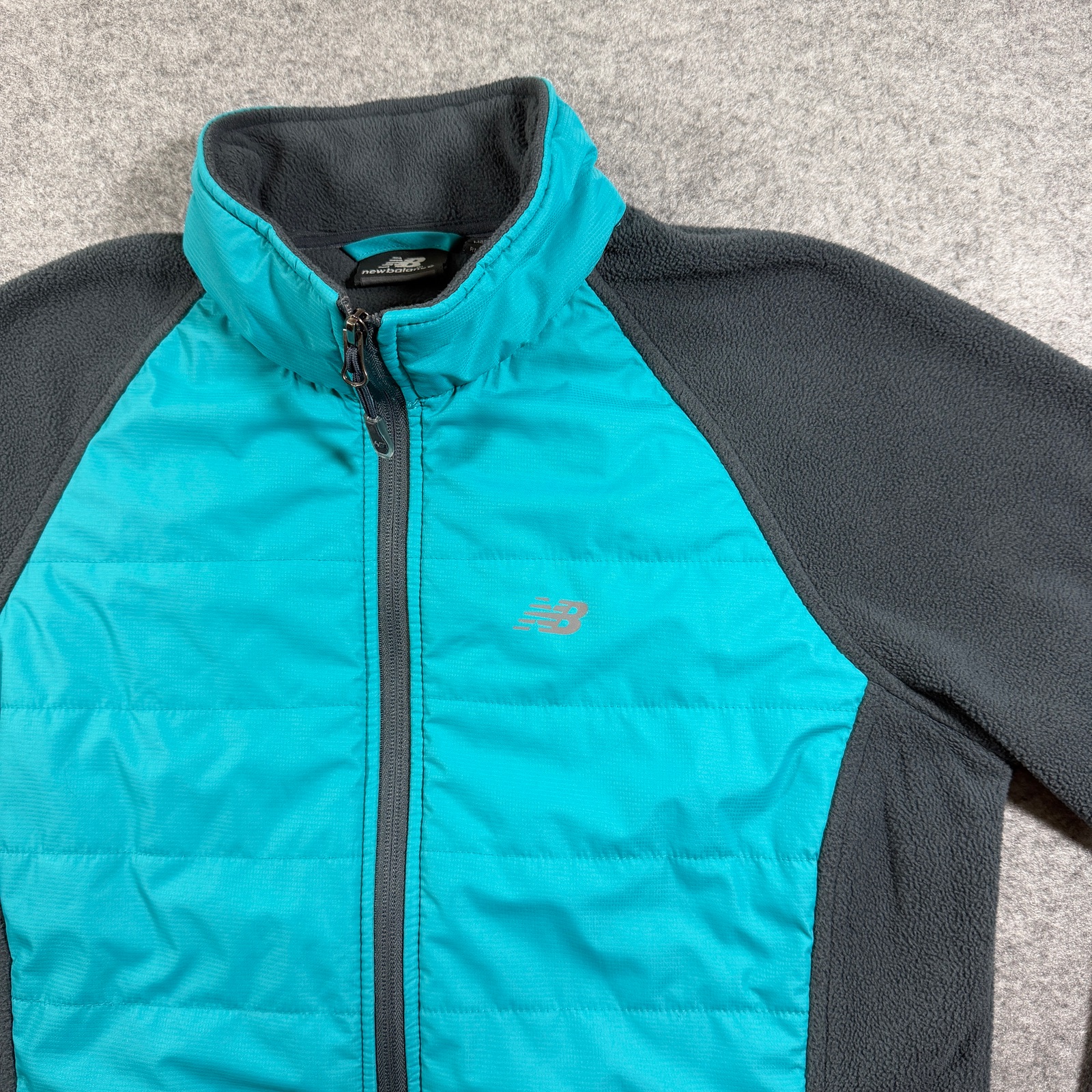 New Balance Puffer Jacket Womens M Teal Black Quilted Fleece Sleeves Zip Pockets thumbnail 3