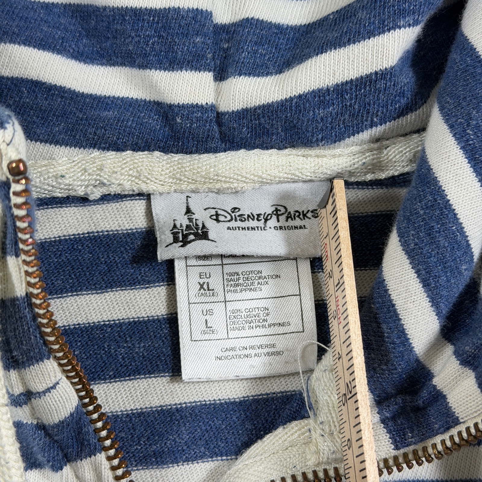 Disney Parks Zip Up Hoodie Mens L Navy Cream Stripe Disneyland Crest Fleece thumbnail 4